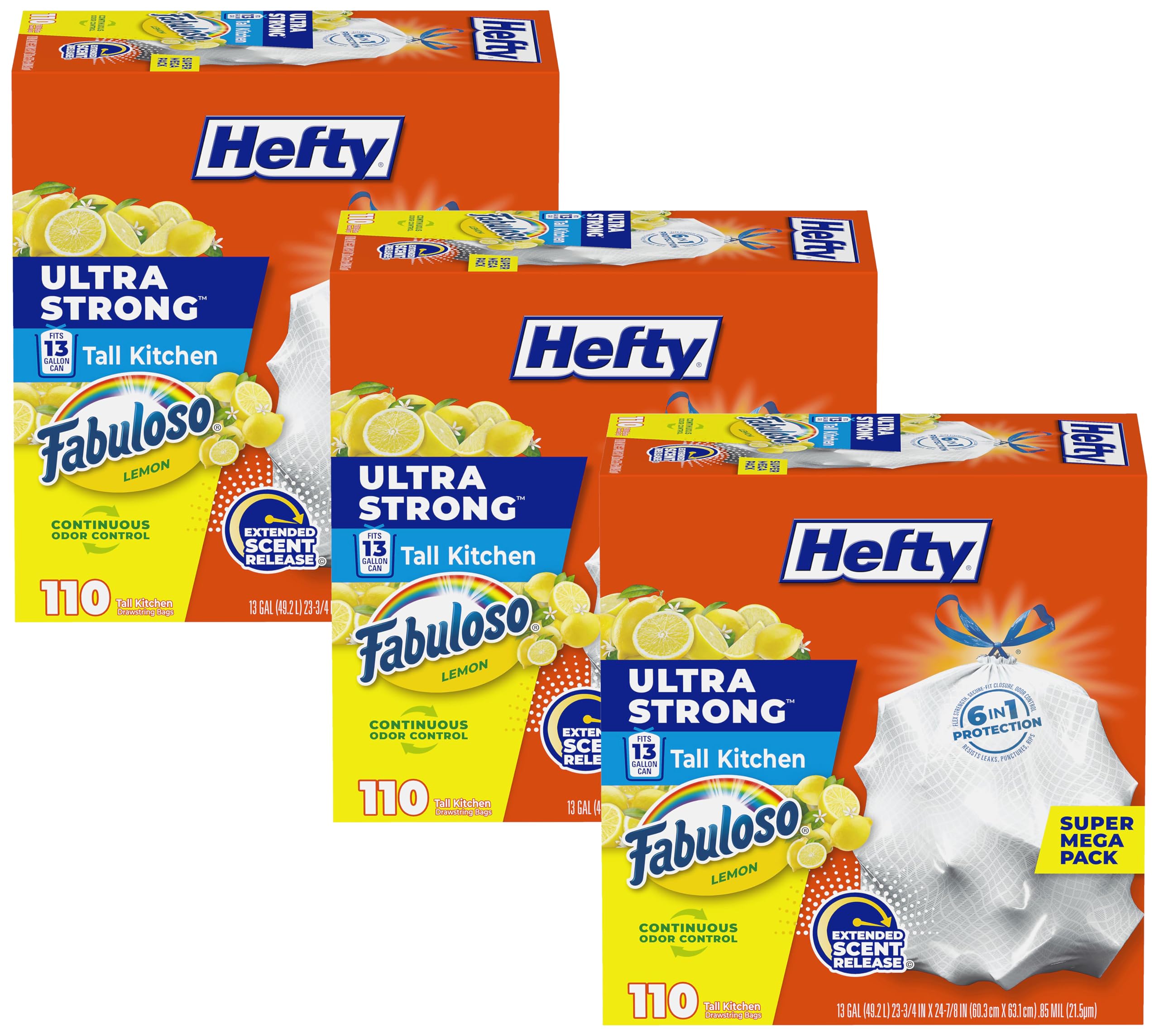Hefty Ultra Strong 13 Gallon Trash Bags, 110 Count Pack of 3, Fabuloso Lemon Scent | Value Pack Waste Bag - main product image