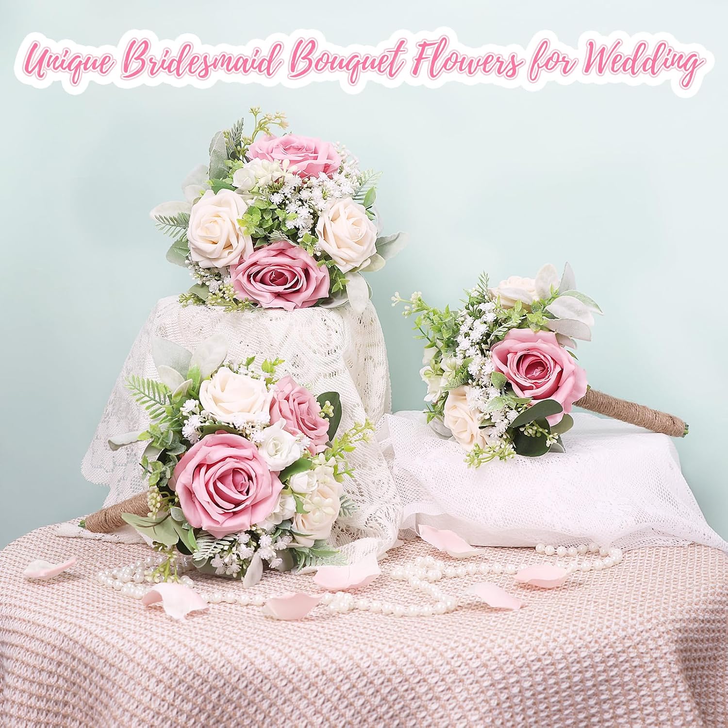 Pink Bridesmaids Bouquets Set of 6 - 7 Inch Artificial Flowers Bridesmaid Bouquet for Wedding Pre-Made Rustic Rose Small Floral Bouquets for Bridal Shower Marriage Proposal Party Anniversary Decor - Image 8