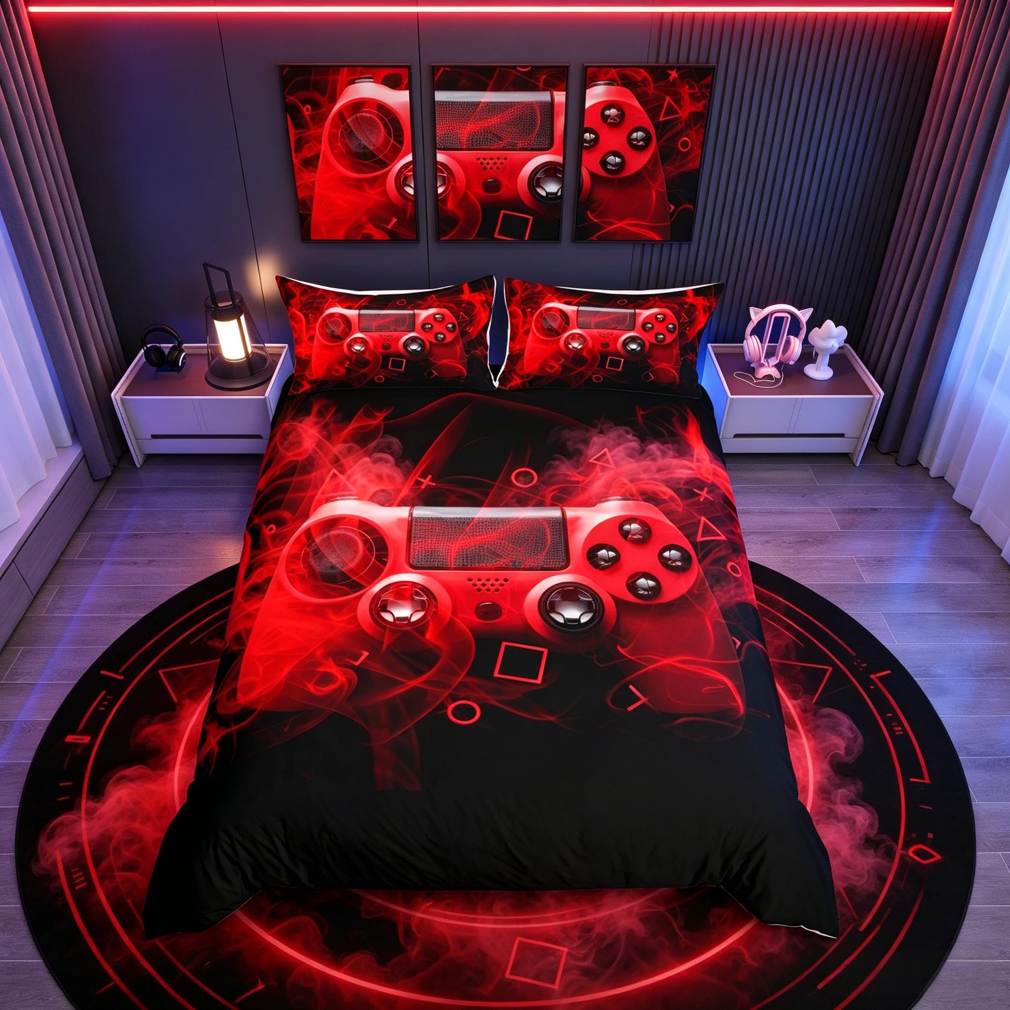 Loussiesd Kids Gamepad Duvet Cover Set Double Gamer Bedroom For Boys Girls Teens Video Game Controller Bedding Set Gaming Console Comforter Cover Red Black With 2 Pillow Case Zipper — image 1