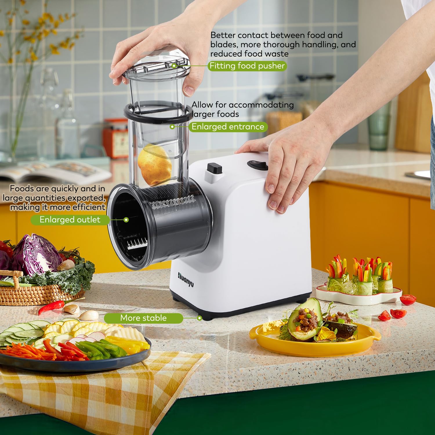 Huanyu Râpe à fromage électrique multifonctionnelle 5 lames 250W Râpe à légumes électrique et hachoir à viande Blanc