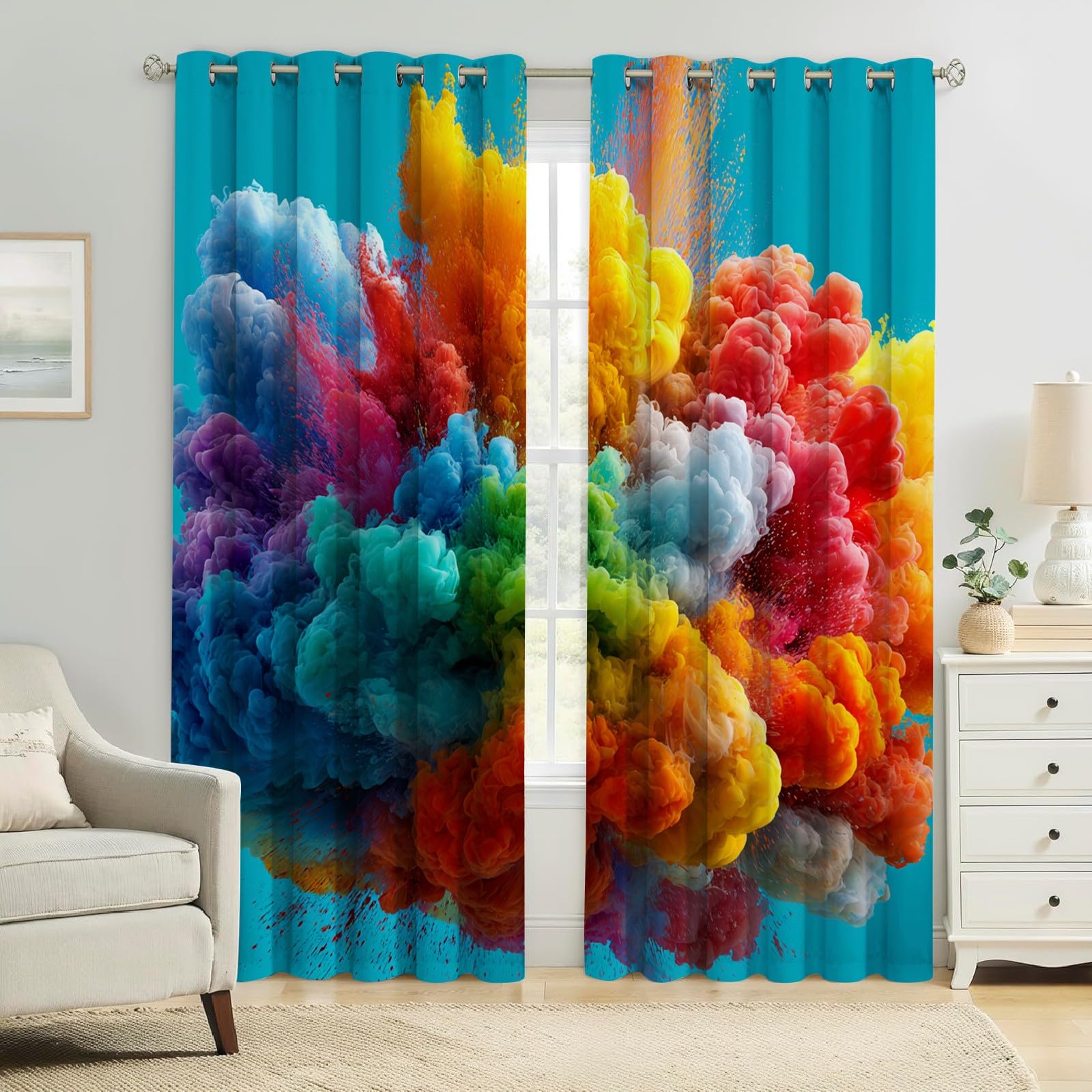 Fantaisie Spatiale Rideaux Occultants Thermiques Nuages colorés Lot de 2 Œillets, Imprimés 3D Opaques, Isolation Phonique et Anti Froid pour Chambre Enfant et Salon 110L X 215H cm