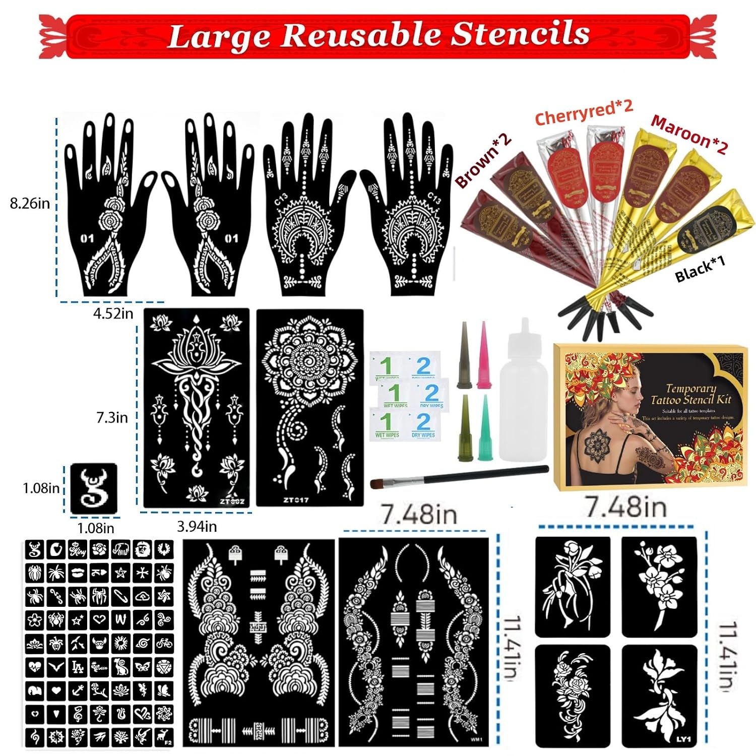 7PCS Tattoo Cones Temporary Tattoo Kit,4Color(2*Brown,2*Maroon,2*Cherry Red &1*Black) Ink with Large Designs Stencils,Separate Bottle with 4 Bottle Mouths,DIY Body Art Painting for Women Men Kids