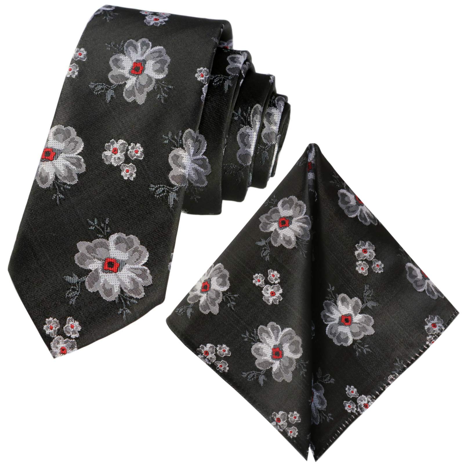 GASSANI Set Cravatta Uomo Sottile Con Fantasia Floreale, Lunghezza Extra, Larghezza Slim 6 Cm, Con Pochette Fazzoletto - 6 Colori Satinati