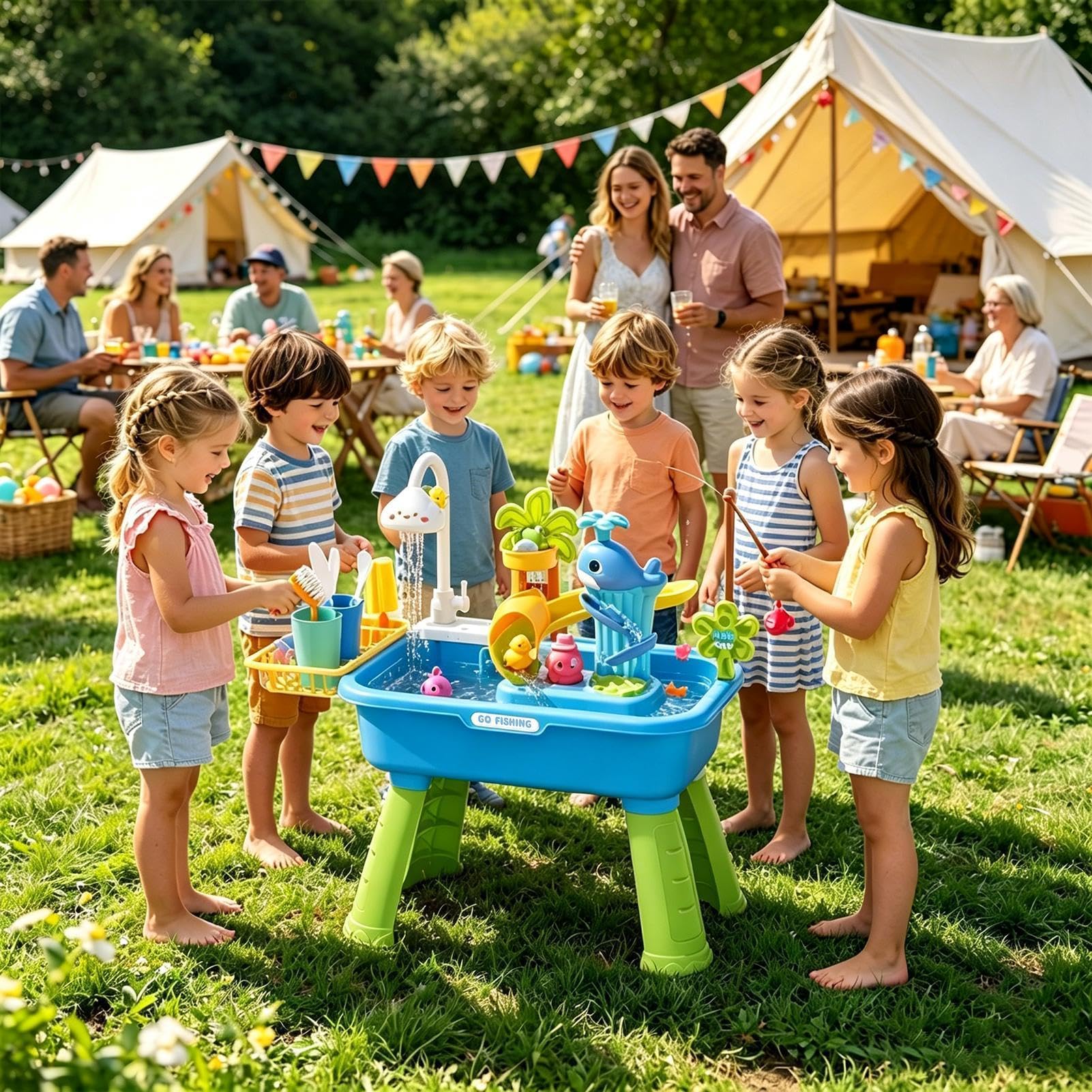 Generico Tavolo da Acqua per Bambini - Set di attività in PP 54x29x53 Cm con da 43 Pezzi | Giocattolo Educativo Sensoriale | Stazione di Gioco di Pesca Interattiva | Centro Giochi per