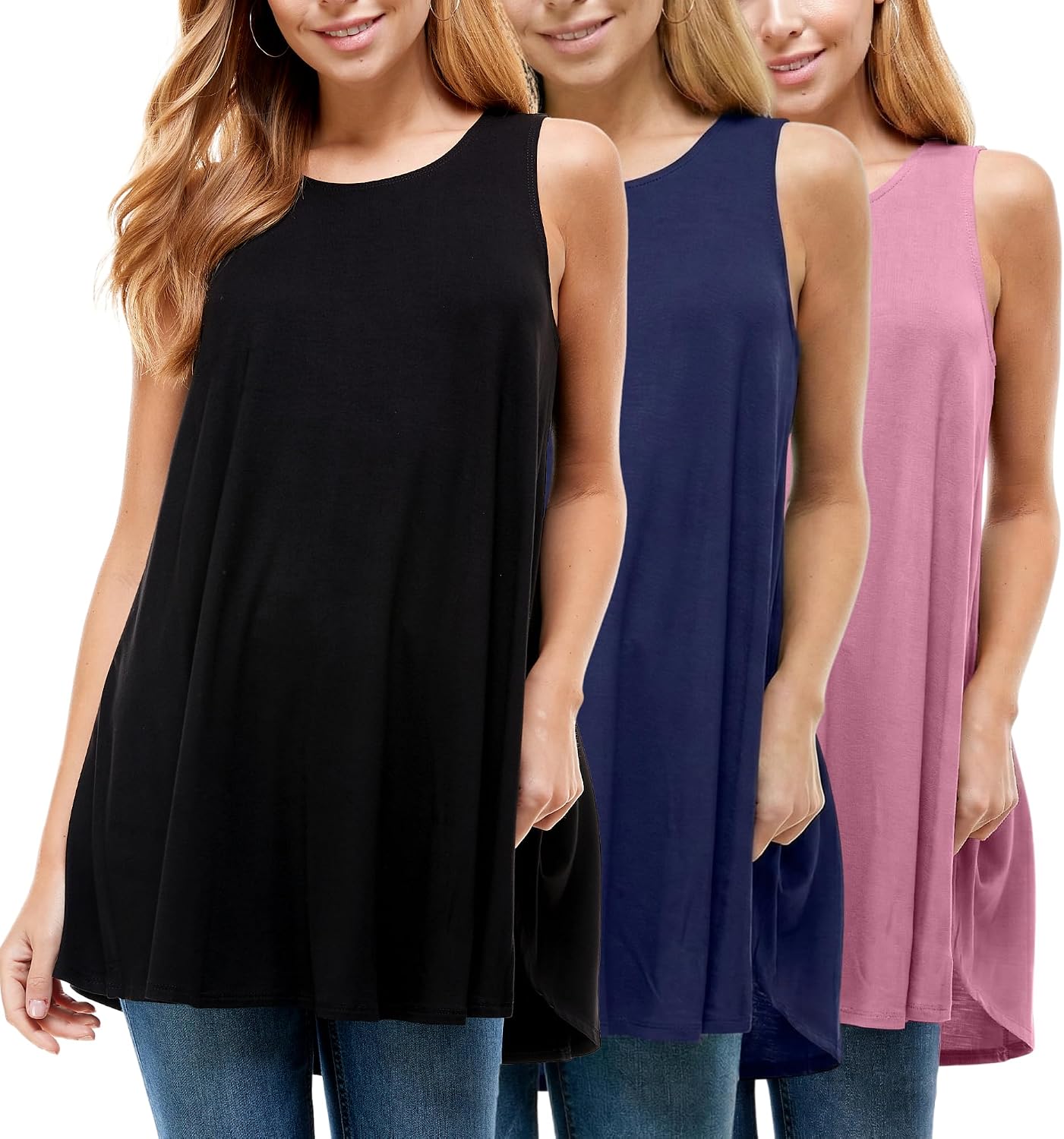 Azules Sleeveless Tunic Top, Flowy Loose Fit Rayon Dressy Long Tunic Tank Tops for Women 3-Pack