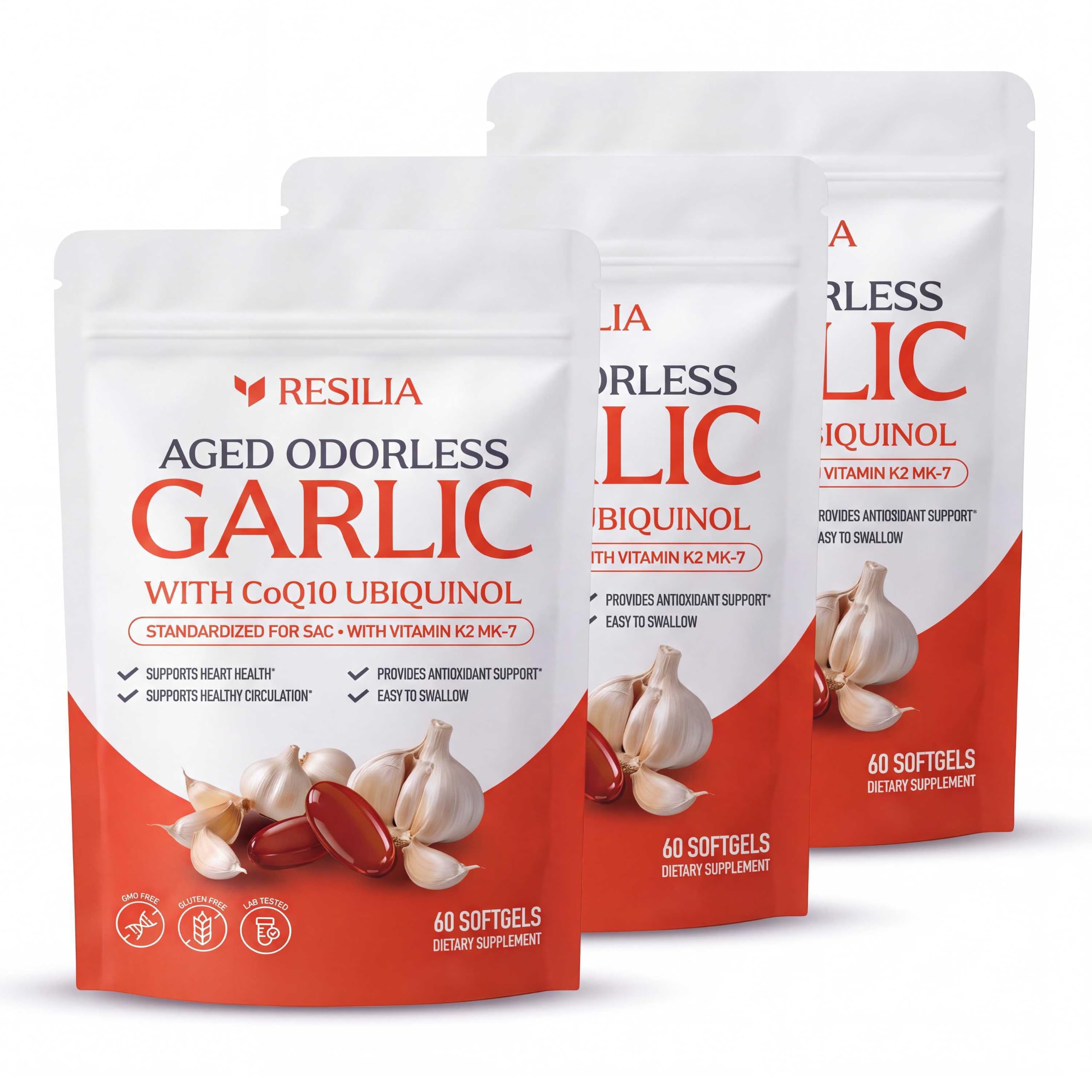 Resilia Odorless Aged Garlic Softgels (180 Count) | 600mg Aged Garlic Per Serving | with CoQ10 Ubiquinol & Vitamin K2 (MK-7) | Dietary Supplement