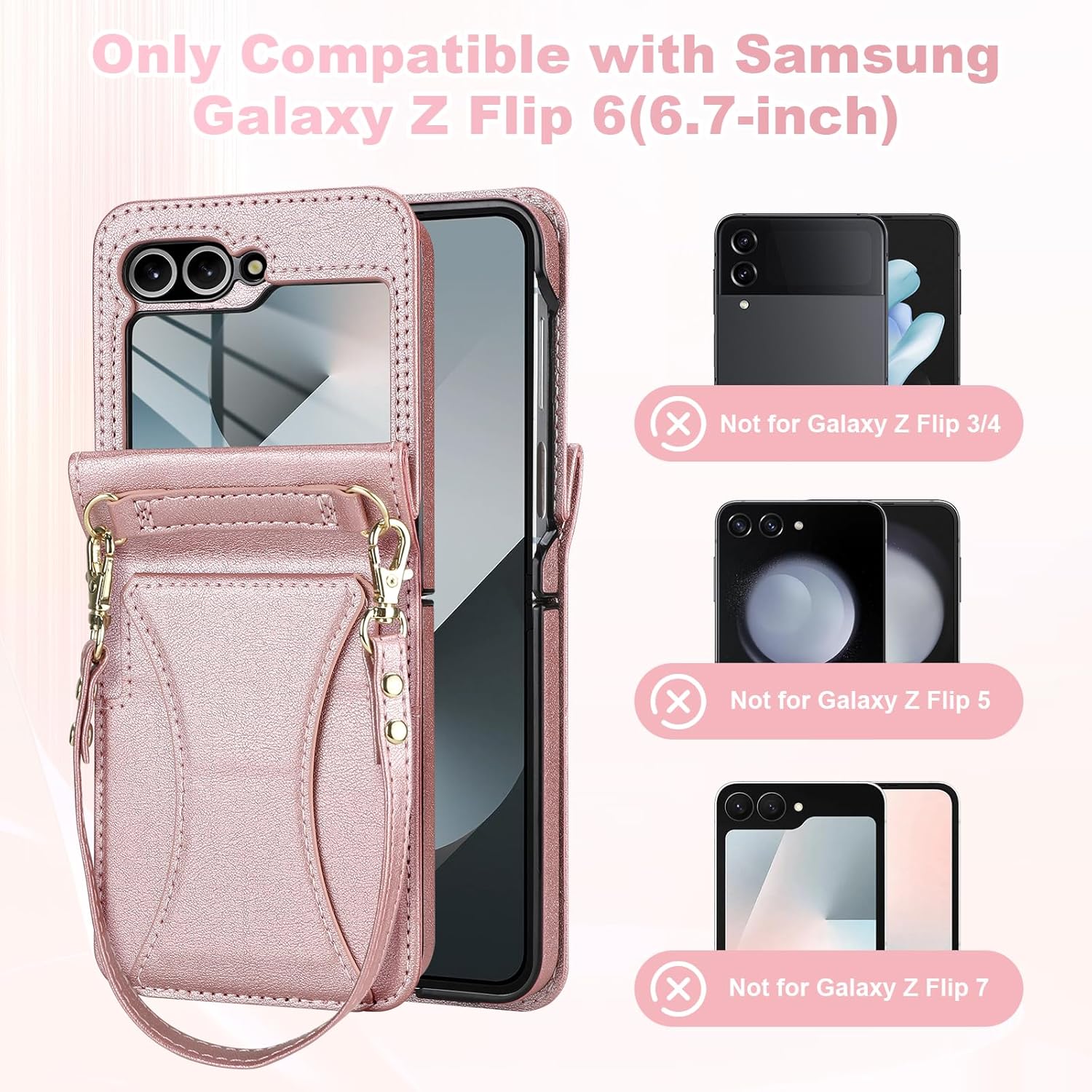 Vofolen for Samsung Galaxy Z Flip 6 Case Wallet with Card Holder Crossbody Adjustable Strap PU Leather Full Body Shockproof Drop Protective Flip Stand Case for Z Flip 6 for Women Girls-Rose Gold