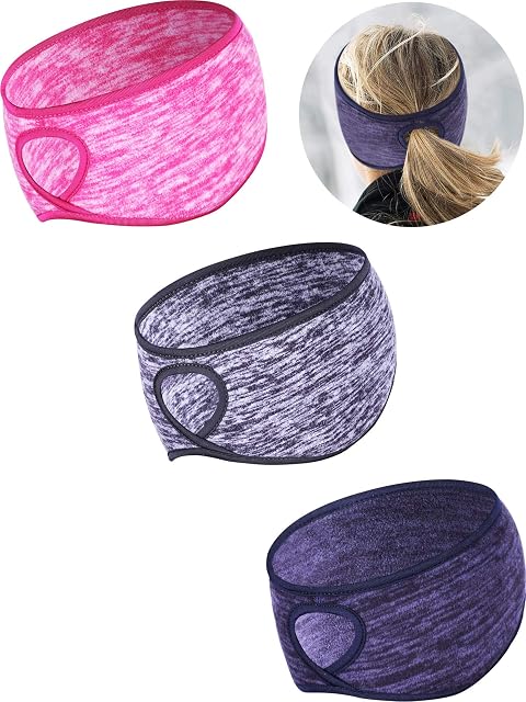 Tatuo 3 Pieces Fleece Ponytail Headband Earband Winter Running Headband Ear Warmer Headband for Women Girls Outdoor Sports and Fitness