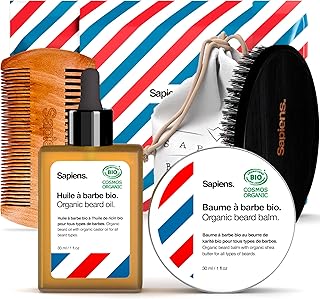 Sapiens Kit Soin Barbe Homme - Coffret Soin Barbe avec Huile Barbe et Baume Barbe BIO - Fabriqués en France - Brosse à Barbe, Peigne, Pochette - Coffret Cadeau Homme