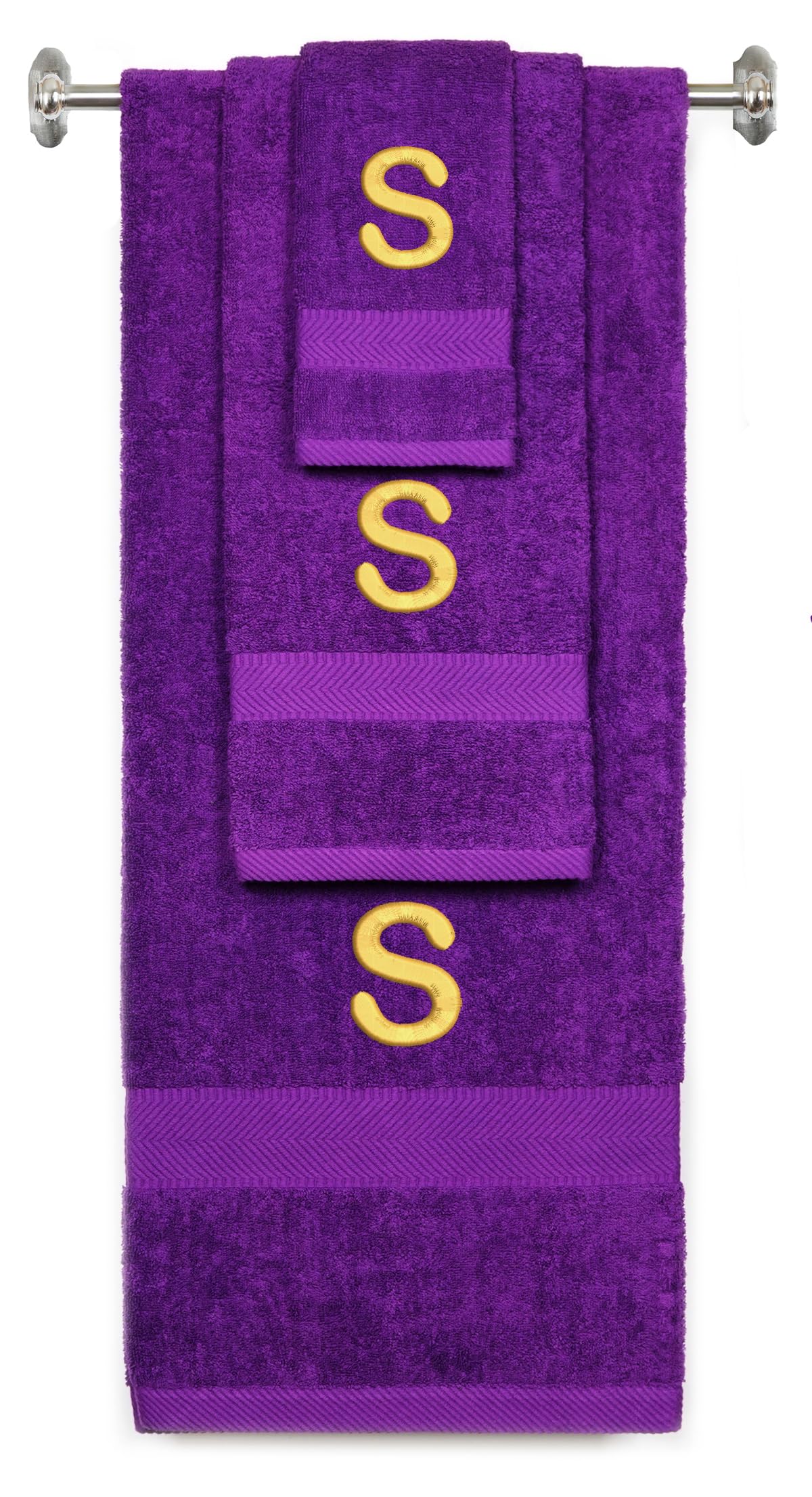 BY LORA Custom Embroidered Terry Cotton Ring Spun Bath Towel, Hand Towel and Washcloth Set - Purple Towel Set, Gold Block Initial S