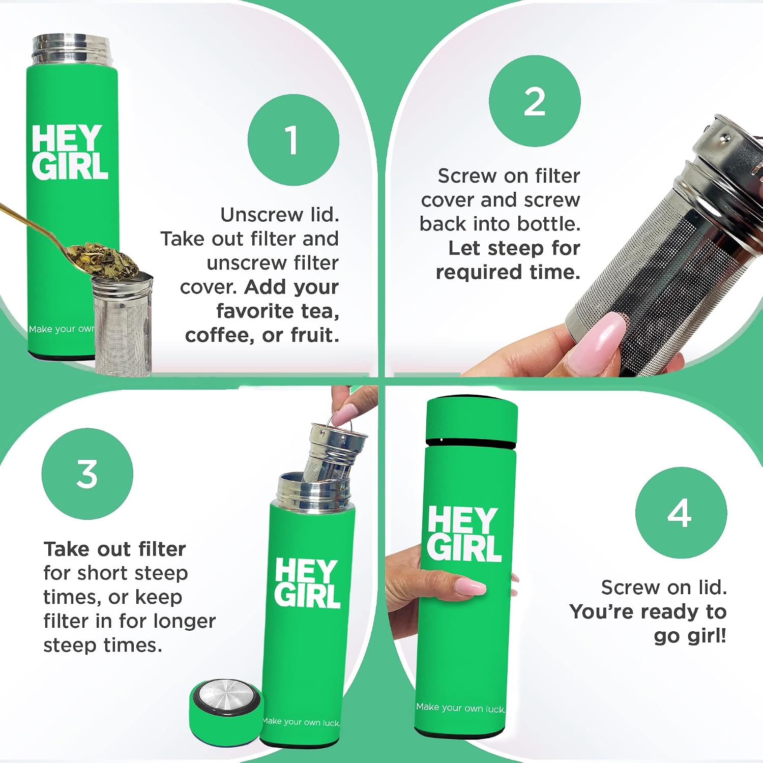 Hey Girl Tea Infuser Bottle 450ml - Insulated Stainless Steel Water Bottle - Tea Tumbler with Tea Diffuser - Portable Travel Mug for Loose Leaf Tea & Infused Water - Tea Lovers Gifts for Women image 5