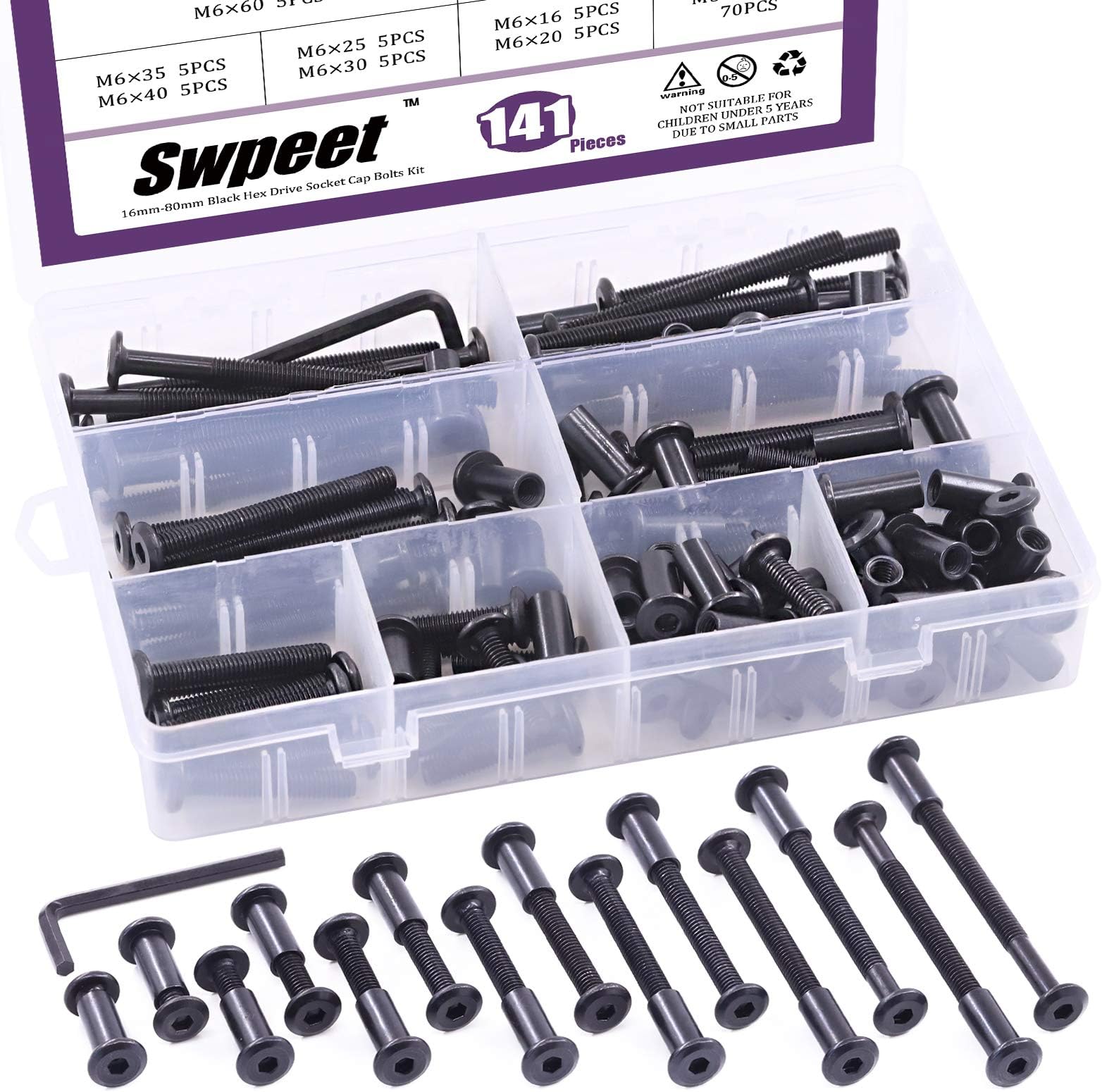Swpeet 141Pcs 14 Different Sizes M6x16mm-80mm Carbon Steel Black Hex Drive Socket Cap Bolts Barrel Nuts Kit with 1Pcs Allen Wrench, Screw Post Fit for Furniture Countsunk Belt Leather Binding Bolts