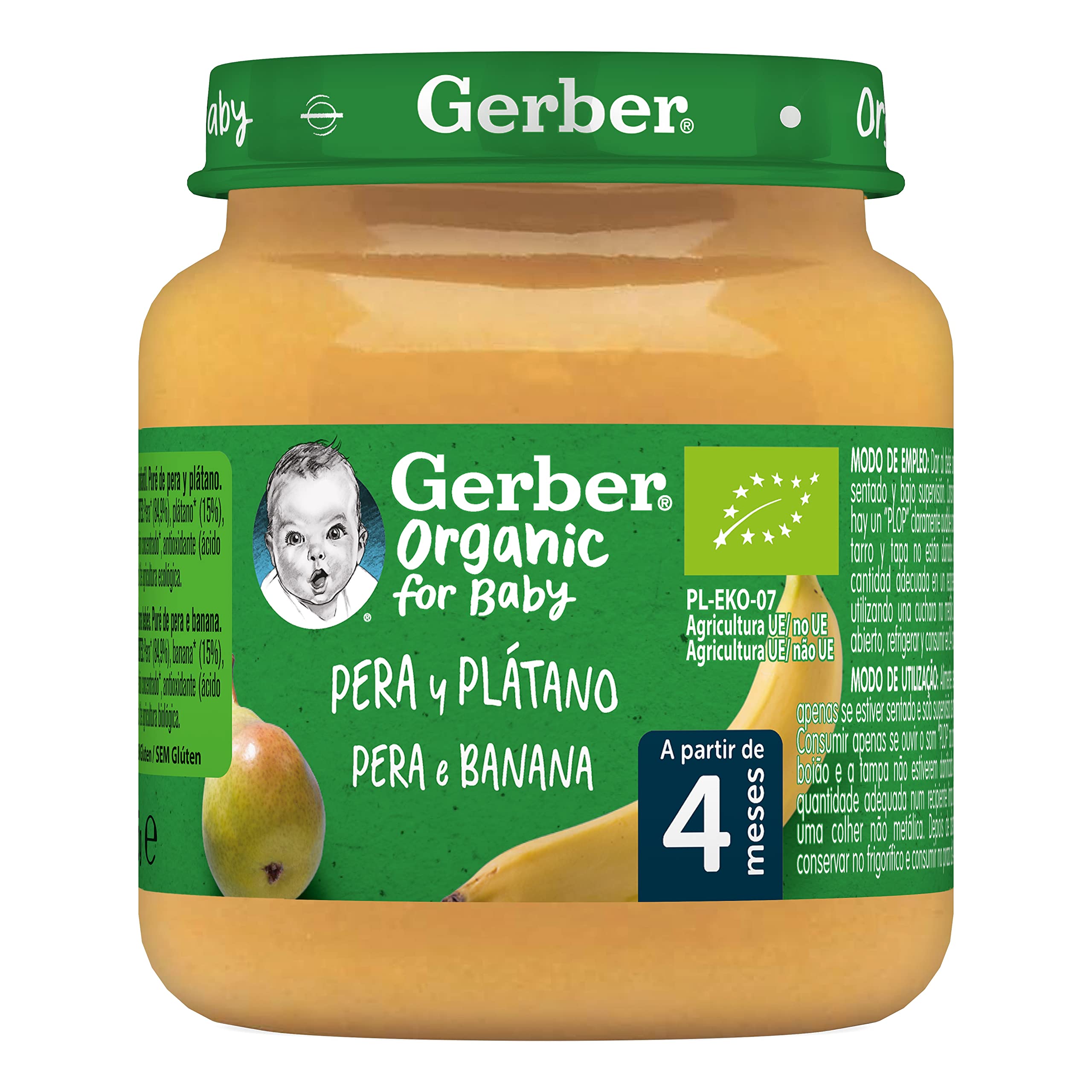 GERBER Organic Pera y Plátano Puré para Bebés 6x125g