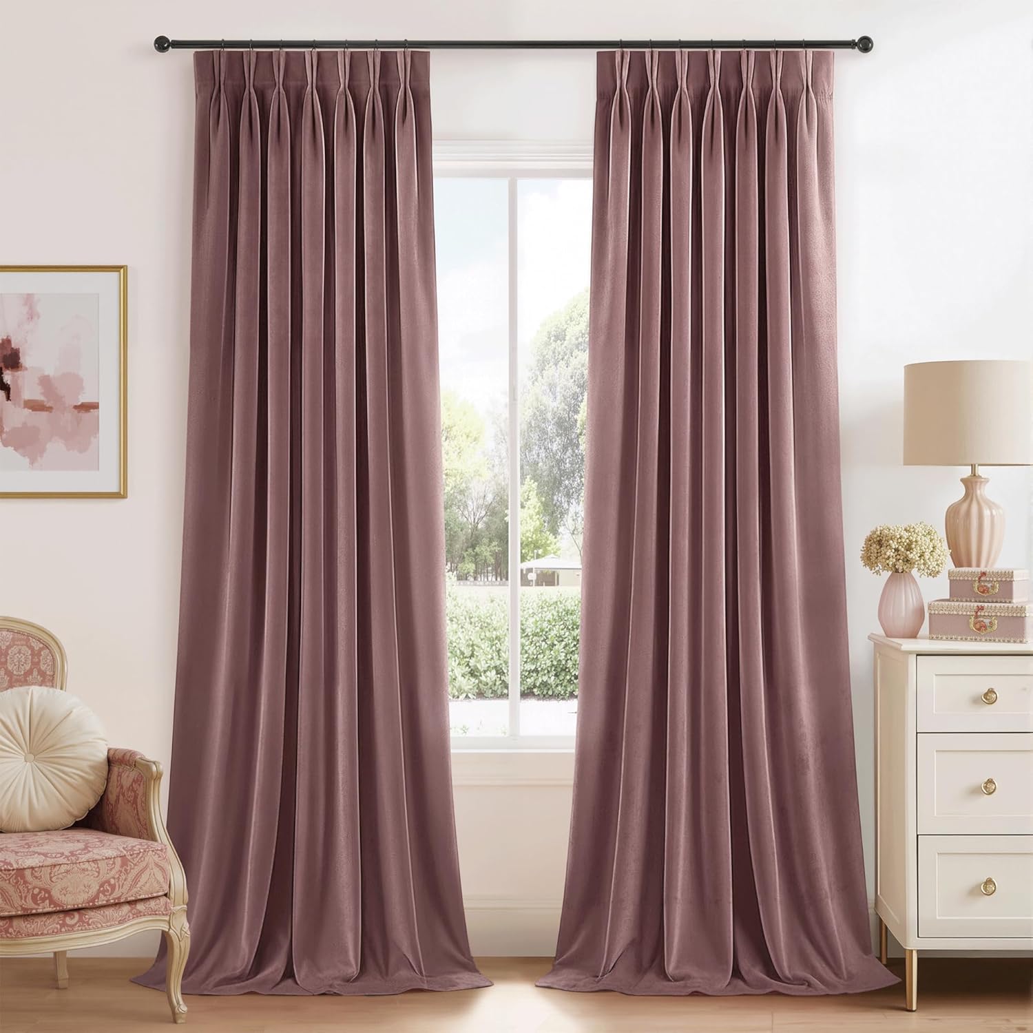 RYB HOME Pink Velvet Curtains 84 inches Long, Pinch Pleated Drapes with Hooks, Thermal Insulated Pinch Pleat Panels for Girls Bedroom Living Room Sliding Glass Door, 2 Panels