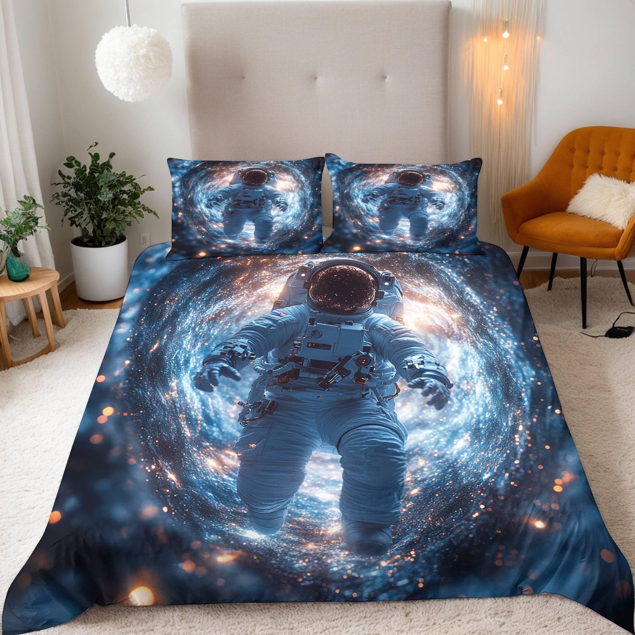 Astronauta Cielo Estrellado Funda Nordica Cama 200x200 cm con 2 Funda Almohada 65x65 cm Patrón Multicolor Funda nordicas 200x200 de 100% Microfibra.Ideal para Adultos y Niños