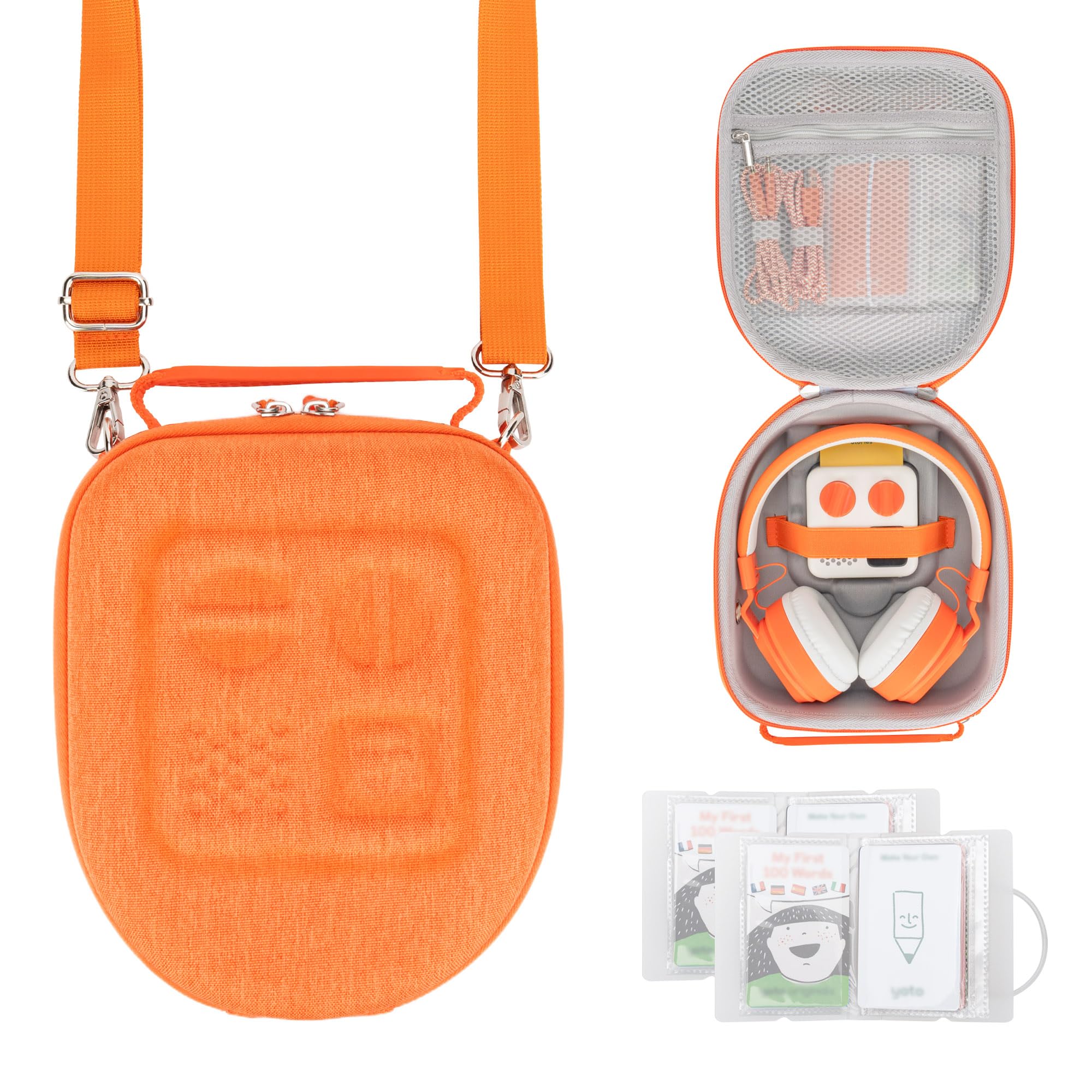 PROfezzion Étui de Voyage Sacoche Sac Enfants Case pour Yoto Mini et Casque - Sac de Rangement Coque Dure en EVA Premium avec Poche Dédiée Air Tag, Poignée, Bandoulière et Porte-Cartes (Orange/Grande)
