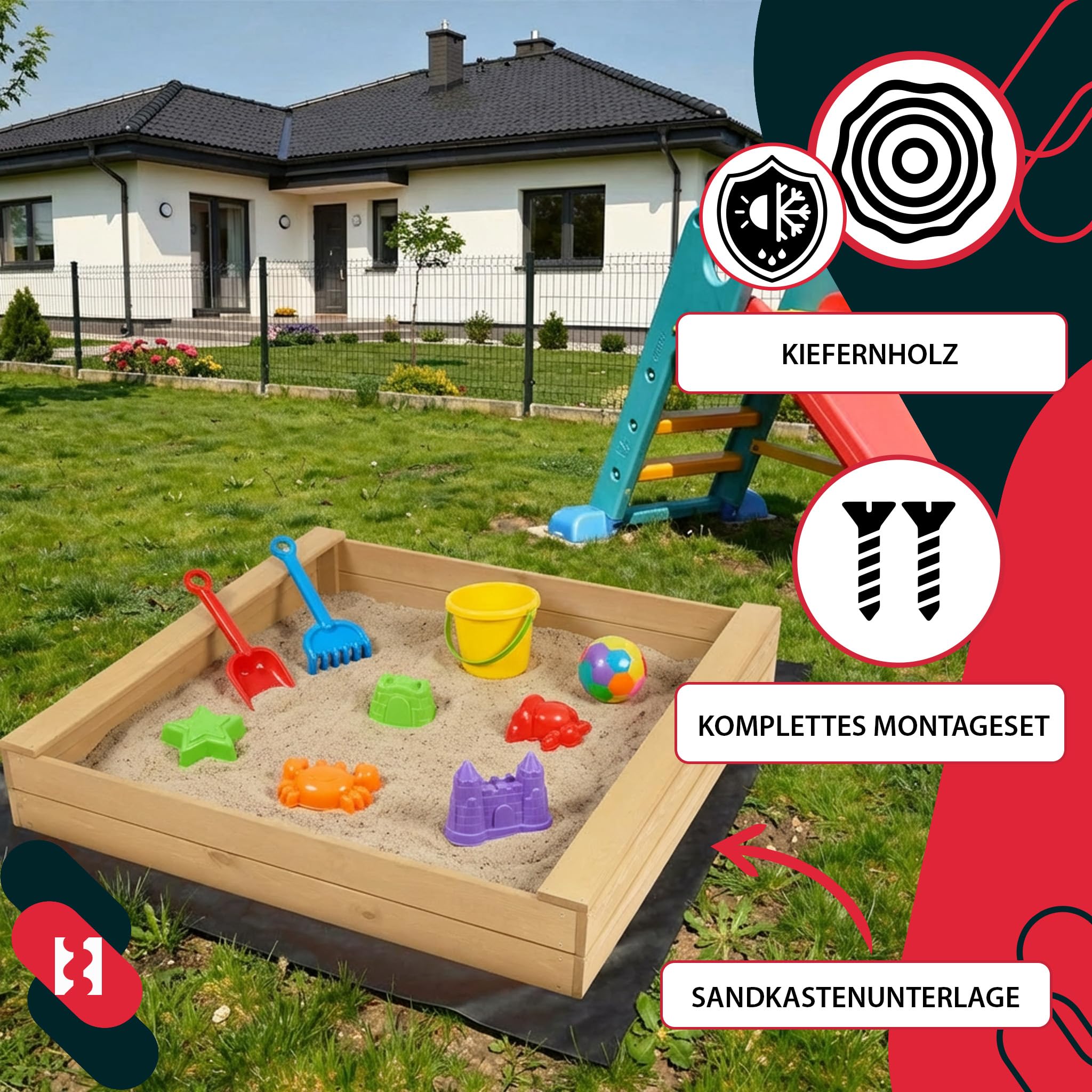 KOTARBAU® Piaskownica z ławką do siedzenia – 140 x 140 cm – piaskownica z drewna – piaskownica z 2 ławkami – zabawka ogrodowa dla dzieci – z włókniną do piaskownicy – drewno sosnowe – naturalna