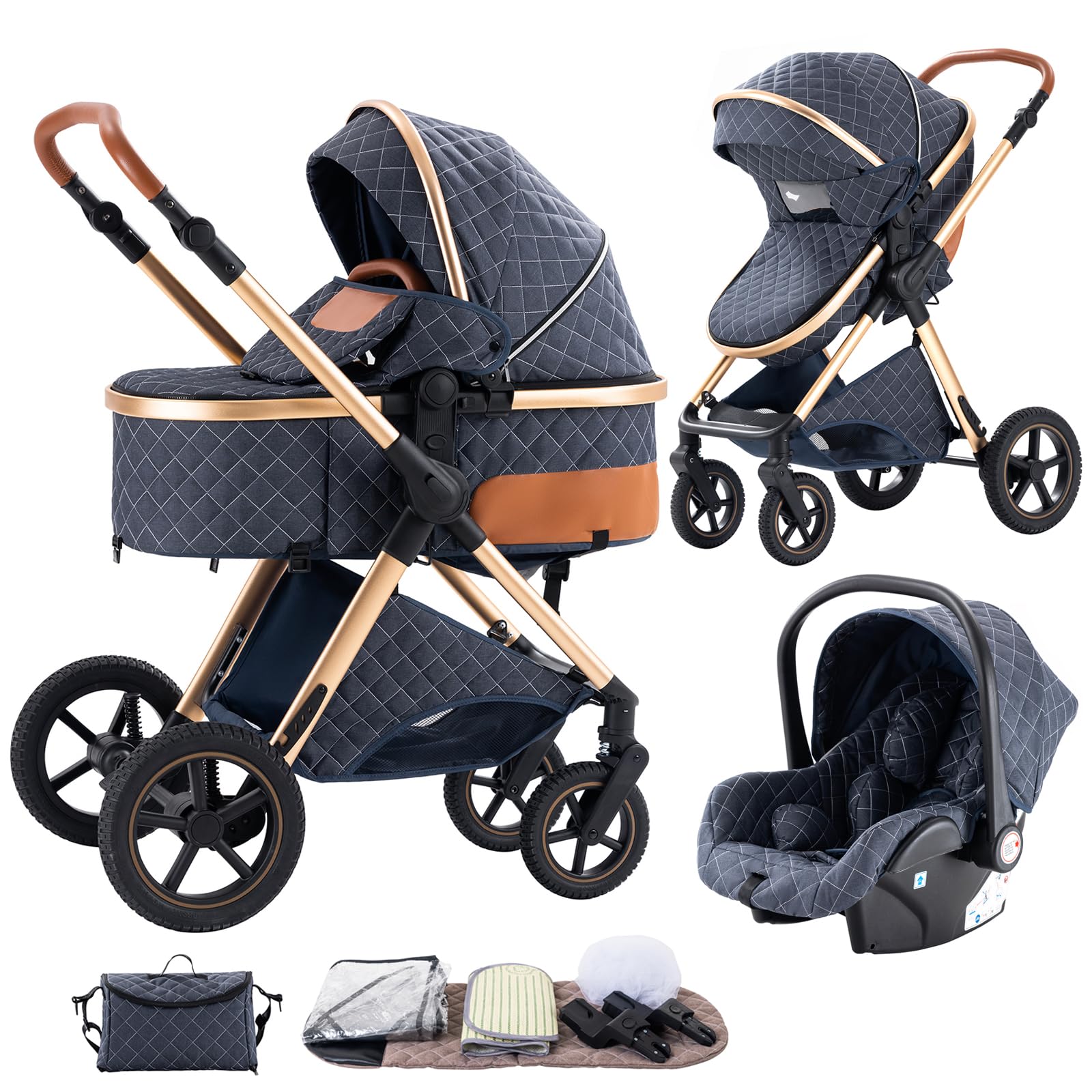 3 in 1 Baby Stroller with Height Adjustable Handle,3 in 1 Prams Travel System, Lightweight Foldable Pushchair, Prams with Aluminum Frame for Portable Baby Carriage