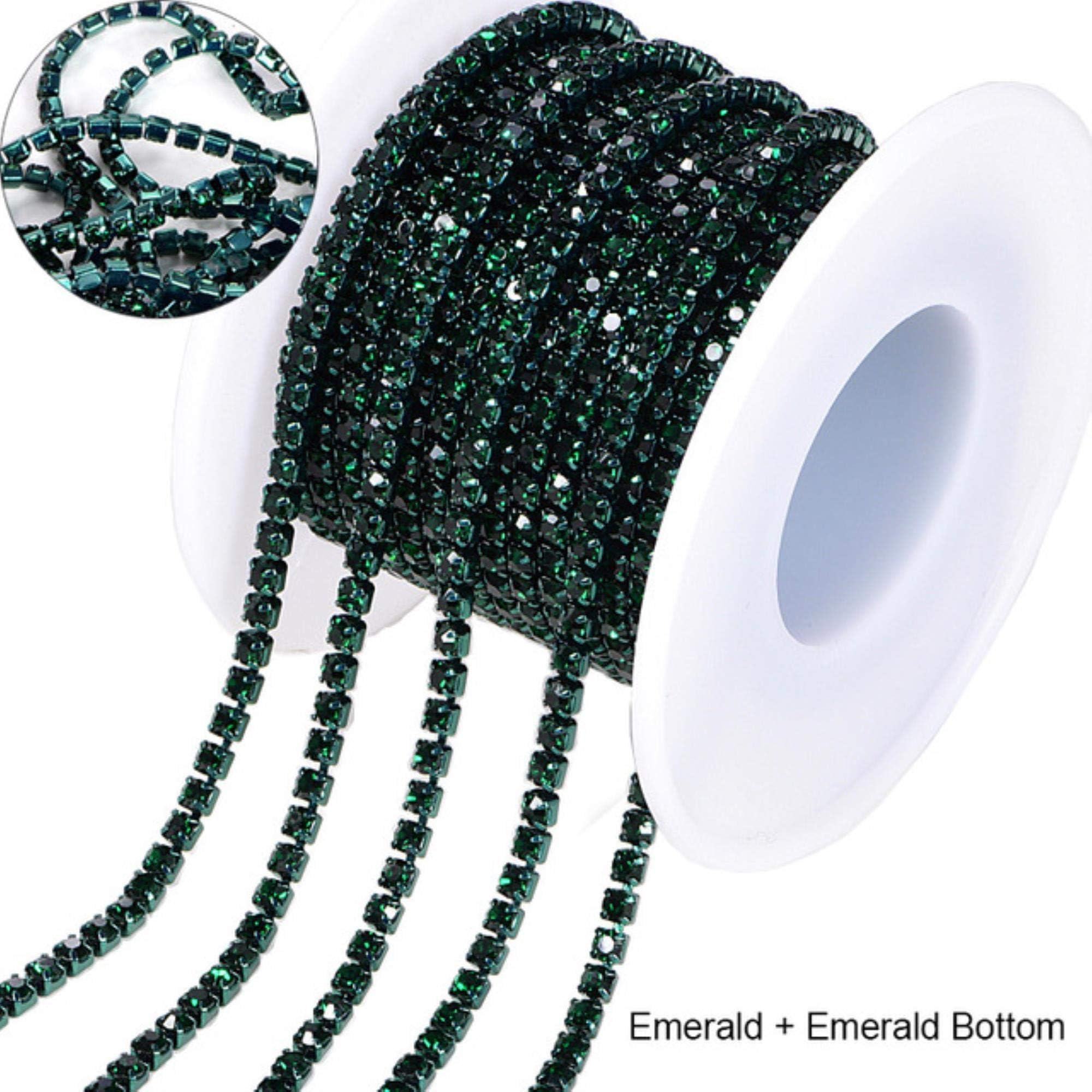 MFKW 10 yard Glass Strass Rhinestone Cup Chain Sew-On Diamond Glue-On Close Chains Glitter Trim Cup Chain sew on Garment B3885,Emerald,SS6-10Yard