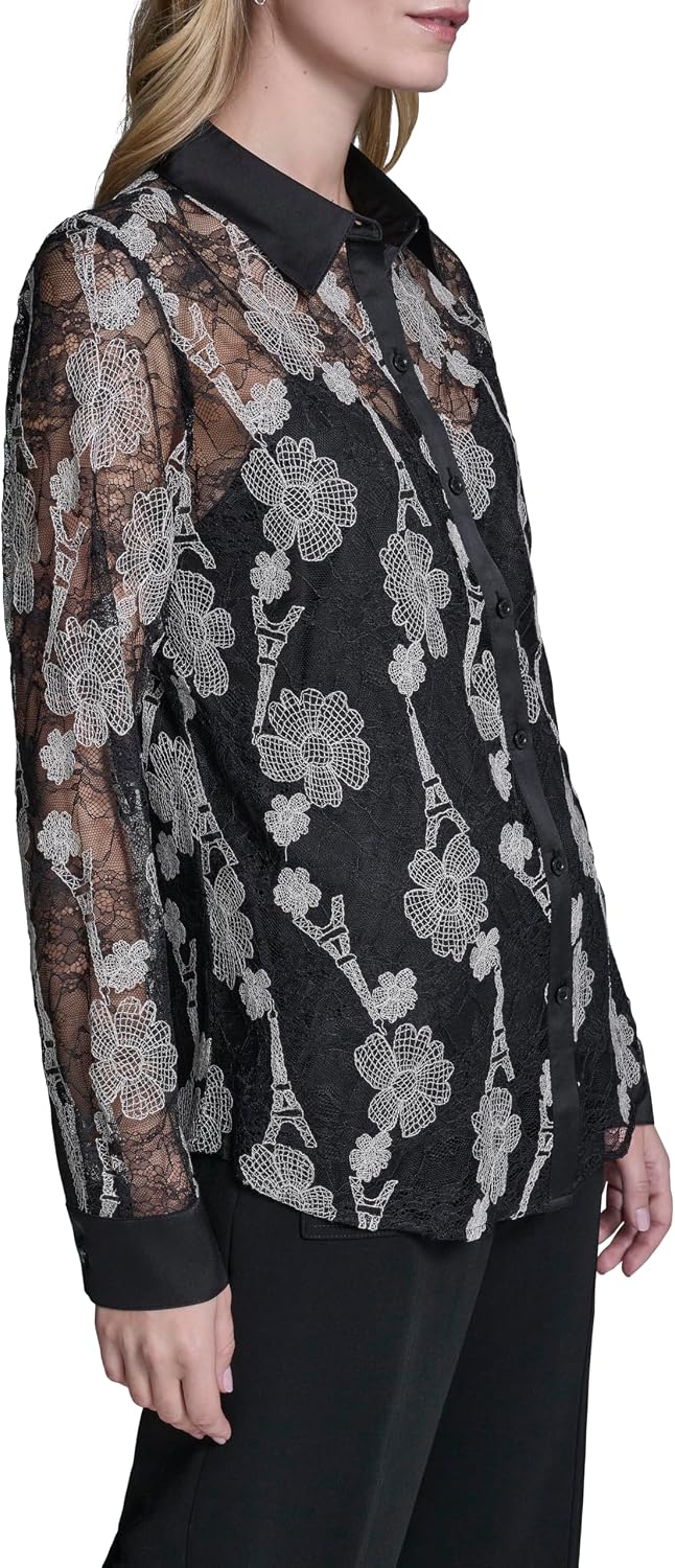 Karl Lagerfeld Women's Long Sleeve Collared Whimsical All Over Floral Lace Button Down