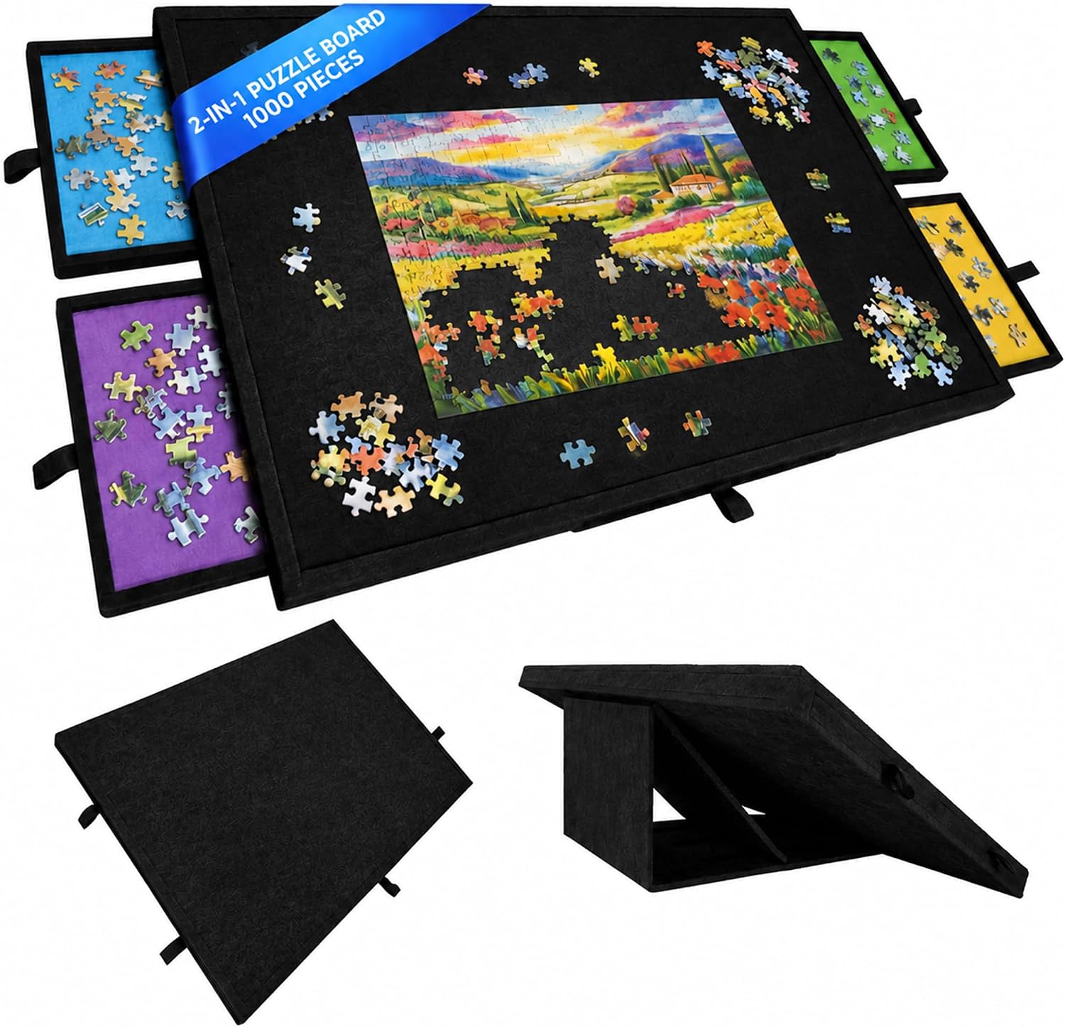 Puzzle Board 1000 Pieces Organizer - Lightweight Felt Portable Jigsaw Board Storage - 2-in-1 Tilting Adjustable Stand with Sorting Compartments & Sliding Drawers - 31.1"x21.3" ErgoSpace - Black, Small
