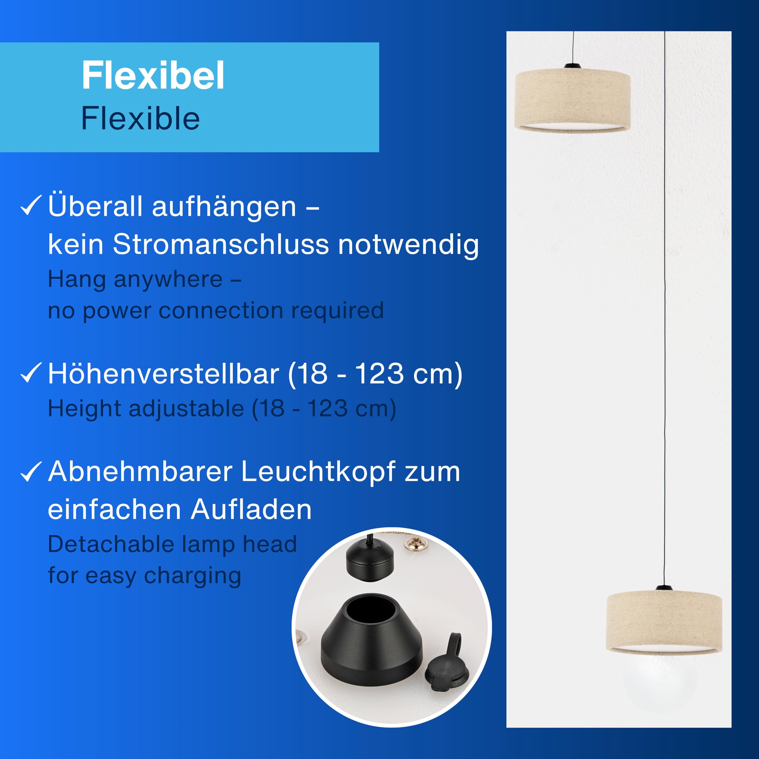 REV Pendelleuchte Akku - 120lm dimmbar 3 Farben, Timer 1-4h, höhenverstellbar (18-123cm), Hängeleuchte Wohnzimmer, Fernbedienung, Stoffschirm, taupe