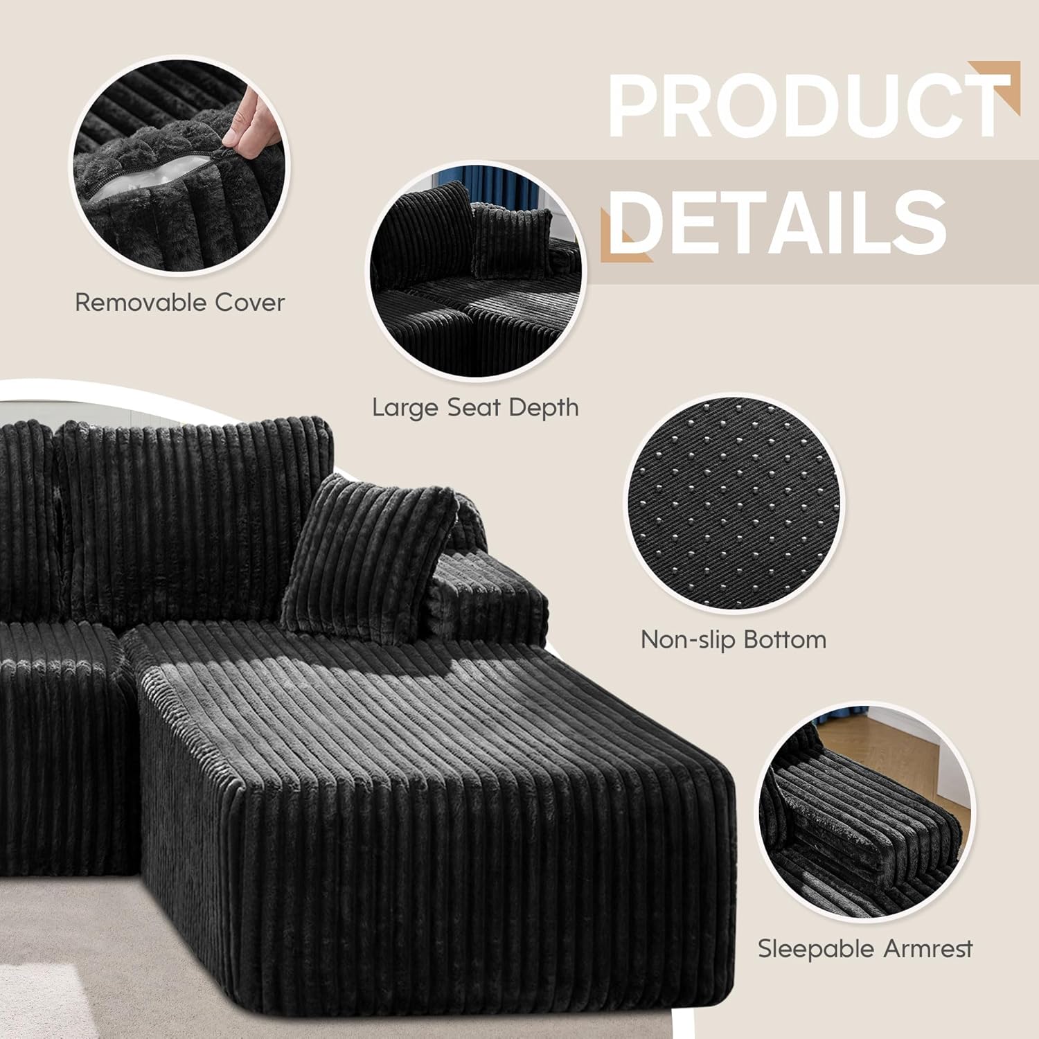 Hobestluk Modular Sectional Sofa Couches 108" L-Shape Couch 3 Seat Modular Sofa Memory Foam Sectional Couches for Living Room, Boneless Couch with Oversized Chaise (Black, Right Facing) 108" Right Facing Chaise Black Stripe