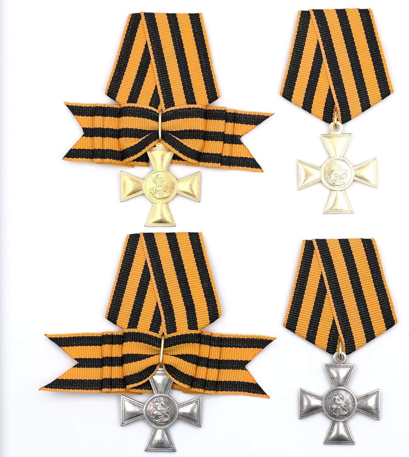 Imperial Russian St. George Cross Set (1st–4th Class) Replica w/Ribbon – 4pc Reproduction Medal Set, Gold/Silver Tone Pin-Back, “1–4 степ.” Markings Collectible Display