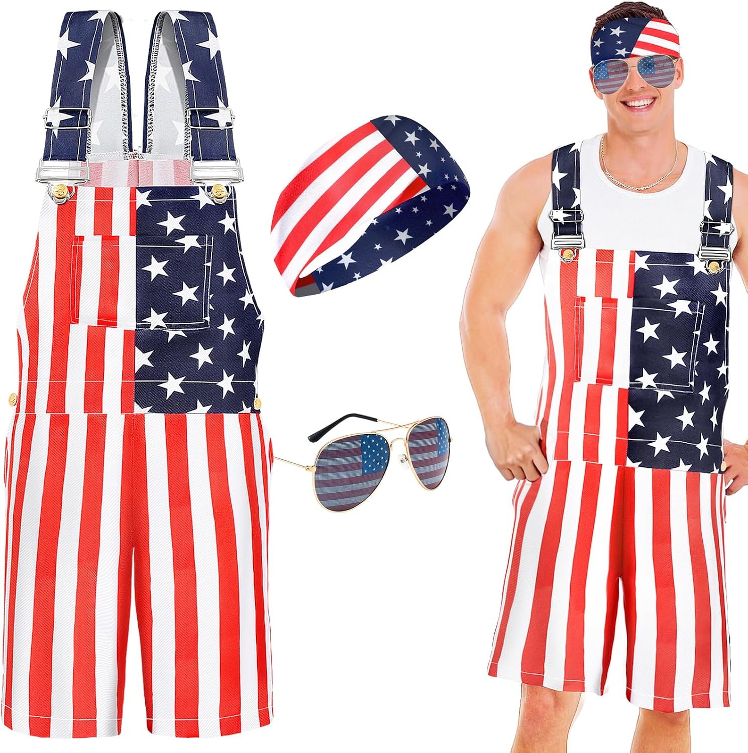 American Flag Bib Men Overalls Set 4th July Patriotic Shorts Romper Sunglasses Country Concerts Outfits