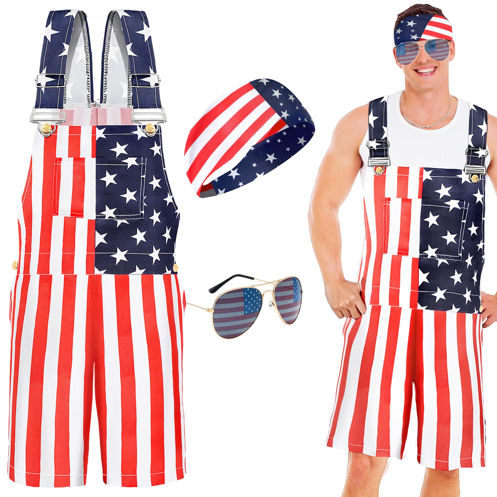 Yi-gog American Flag Coveralls for Unisex Bib Overalls Festival Jumpsuits Shorts Romper Summer Multi Side Pockets Cargo