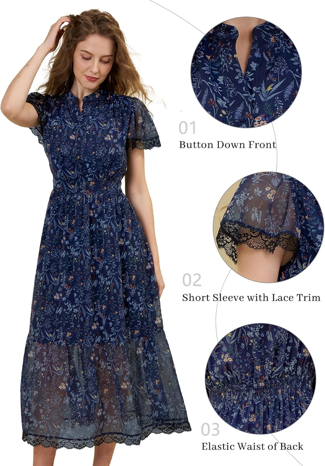 Women's Summer 2024 Floral Midi Dress Button Down V-Neck Dress Lace Short Sleeve Flowy Dress with Pocket