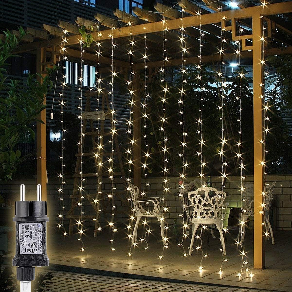 SALCAR LED Lichtervorhang Außen 3x3 m, Lichterkette Vorhang Weihnachten Innen mit 8 Modi und Memory, Weihnachtsbeleuchtung Outdoor Garten, Warmweiß