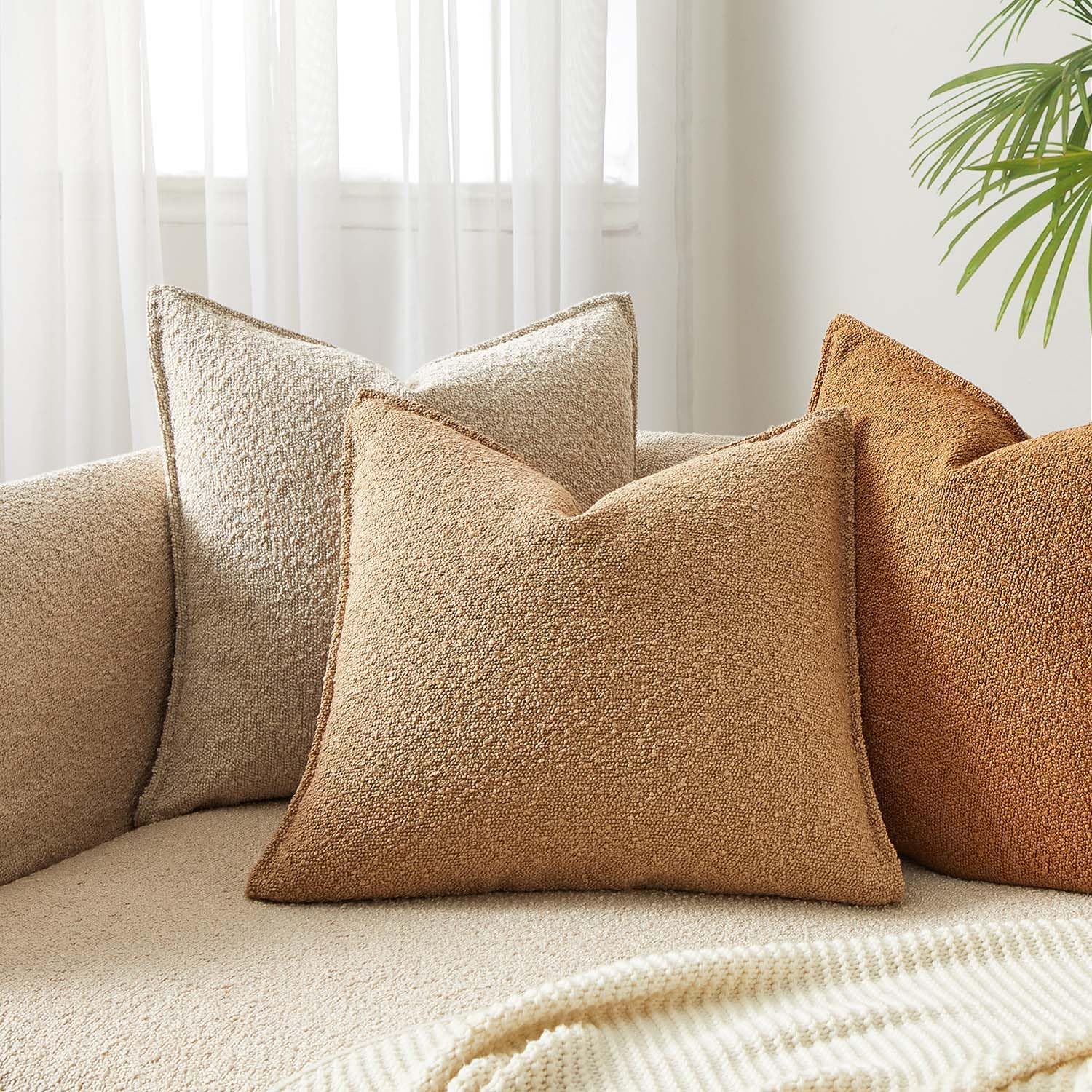 JUSPURBET Pillow Covers 20x20 Set of 2 Decorative Throw Pillow Covers Case for Couch Sofa Bed Soft Boucle Textured Cushion Covers with Hidden Zipper for Home Decor Living Room,Camel