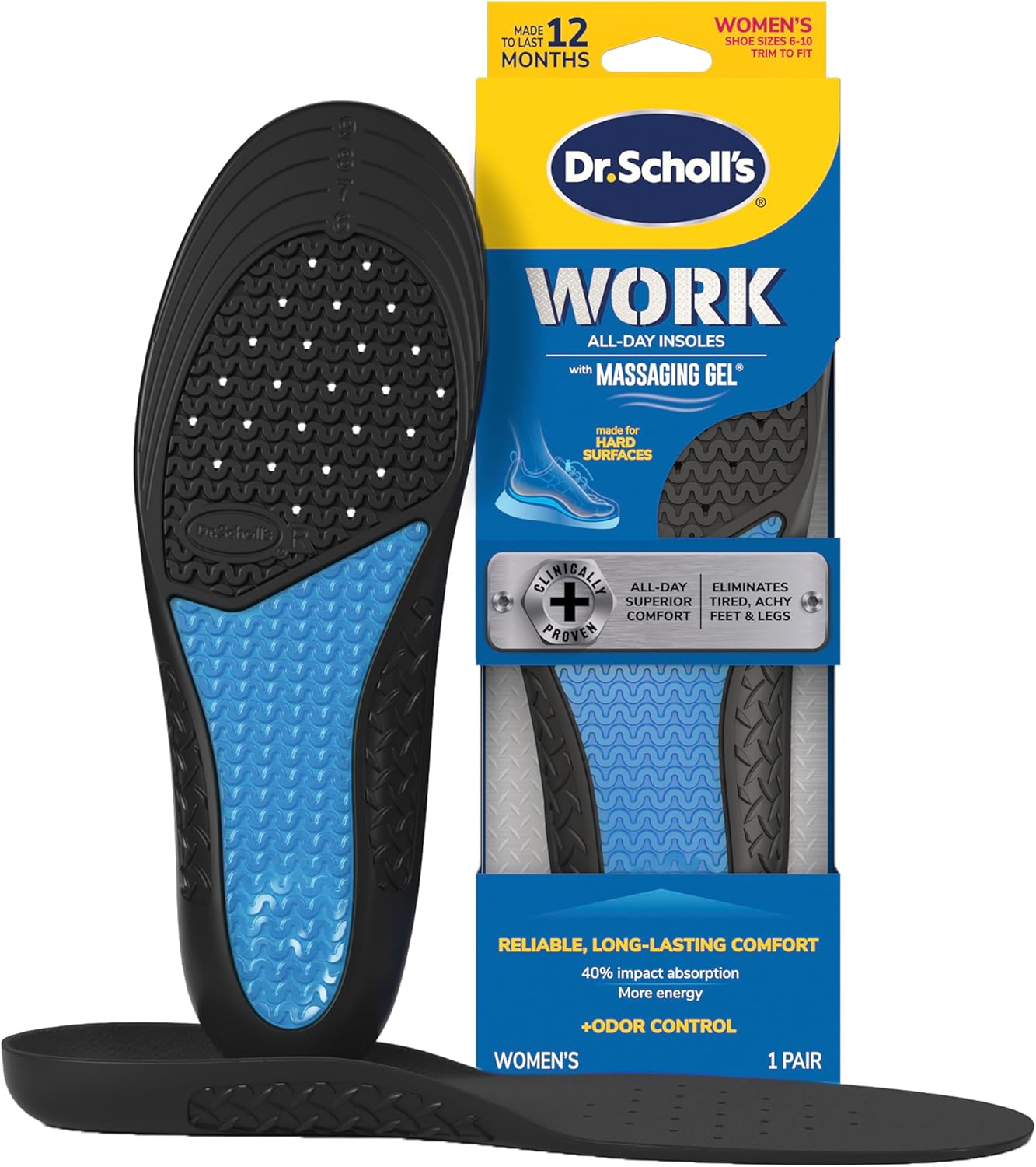 Dr. Scholl's Work All-Day Superior Comfort Insoles with Massaging Gel - Designed for Men & Women with Hard-Working Feet, Eliminates Sore Muscles and Tired Legs, Arch Support Inserts with Odor Control 2 Count (Pack of 1) Women's 6-10
