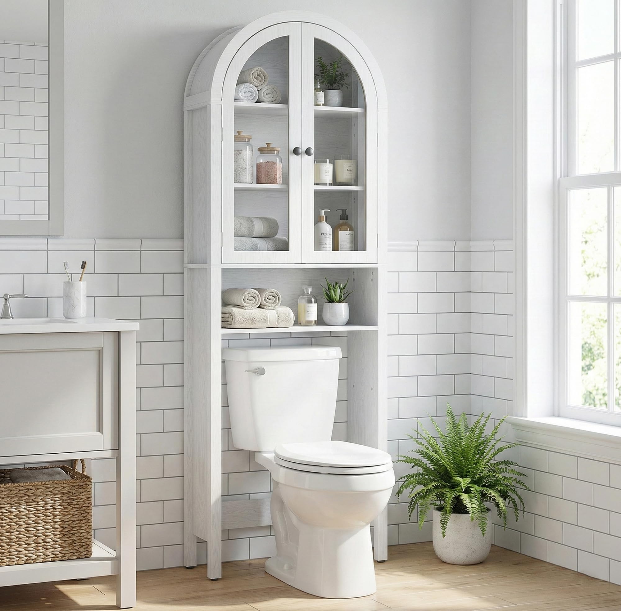 Arched Over The Toilet Storage Cabinet with Acrylic Doors, Bathroom Shelf