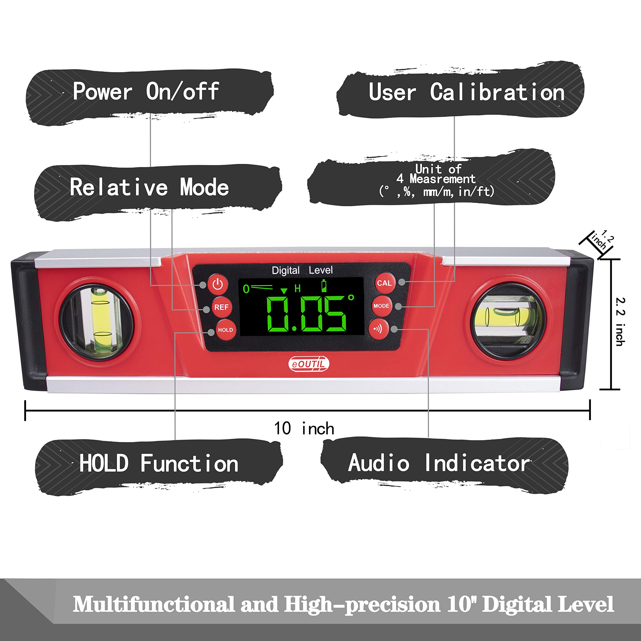 Livella magnetica digitale professionale con display a LED, 25,4 cm