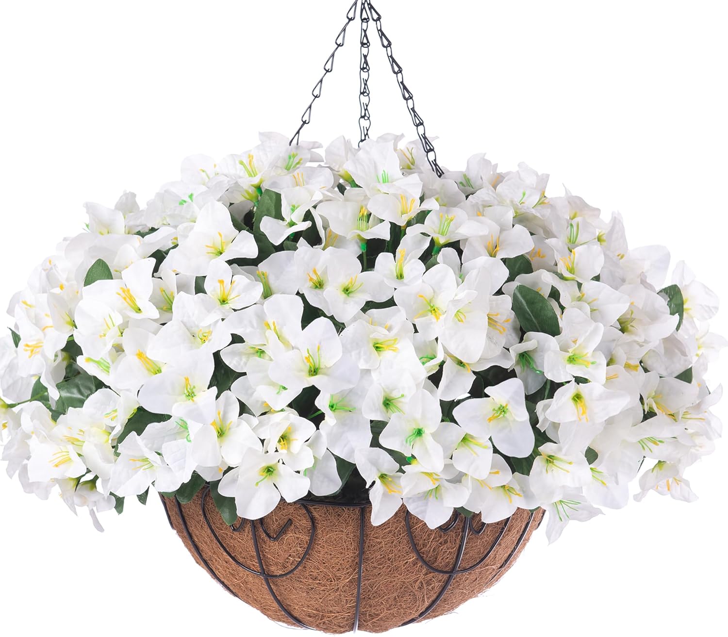 Artificial Hanging Flowers Faux Plants Basket for Outdoors Spring Summer Decor, Fake Silk Bougainvillea in Planter Outdoor Look Real UV Resistant Faux Flower for Outside Porch Patio Garden Home, White