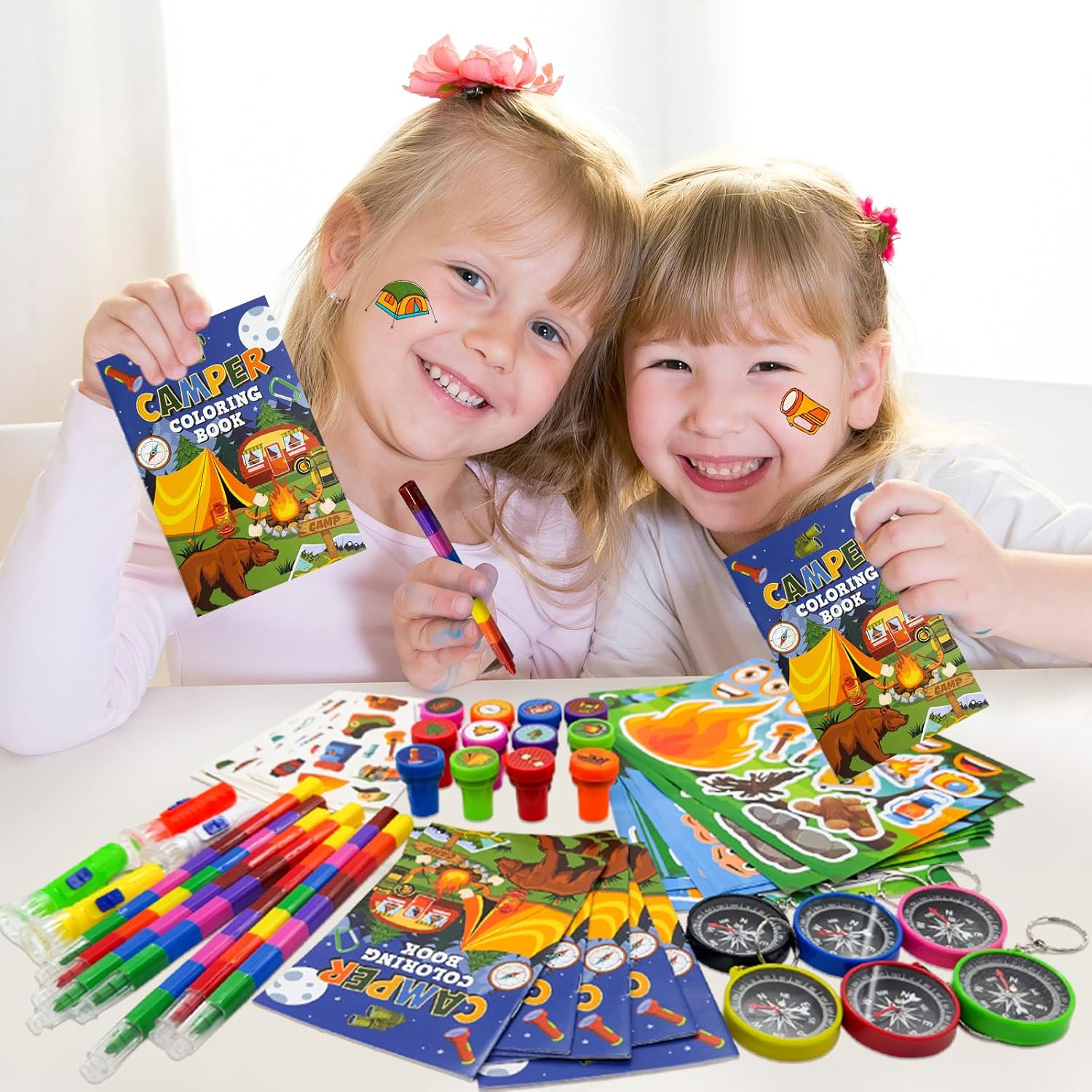 Cinrobiye 72 Pcs Camping Themed Creative Craft Activity Set with Coloring Books, Stickers, Crayons, Stampers and Accessories for Educational and Creative Art Use Bulk Set