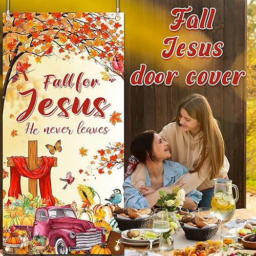 Miniatura 3 de YE - Cubierta de puerta con texto en inglés "Fall for Jesus He Never Leed", decoración de puerta de religión cristiana de calabaza para otoño,