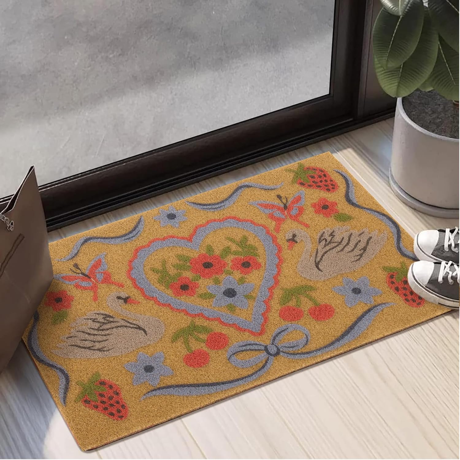 BBSET Artificial Coir Swan Welcome Door Mat Cute Heart Goose Bow Outdoor Mat Blue Floral Rug for Frontdoor Entrance 30"x 17" (Swan)