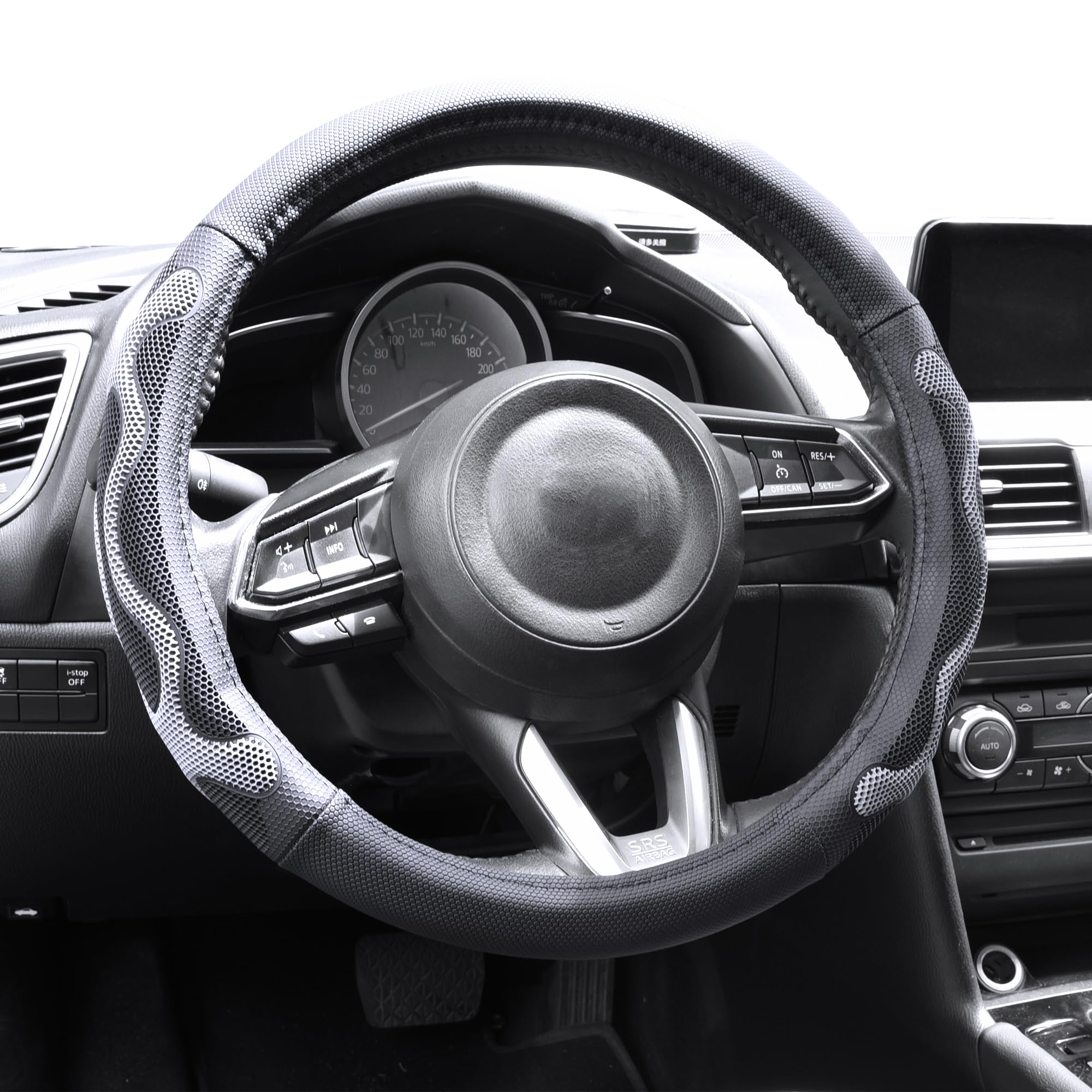 Elantrip Leather Steering Wheel Cover Great Grip with 3D Honeycomb Anti-Slip Design, Universal 15.5-16 inch Car Wheel Protector Black and Gray