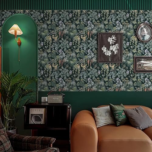Vista 63 de Ismoon Papel tapiz verde para despegar y pegar, diseño bohemio floral y hojas en papel adhesivo grueso, papel adhesivo botánico oscuro, extraíble