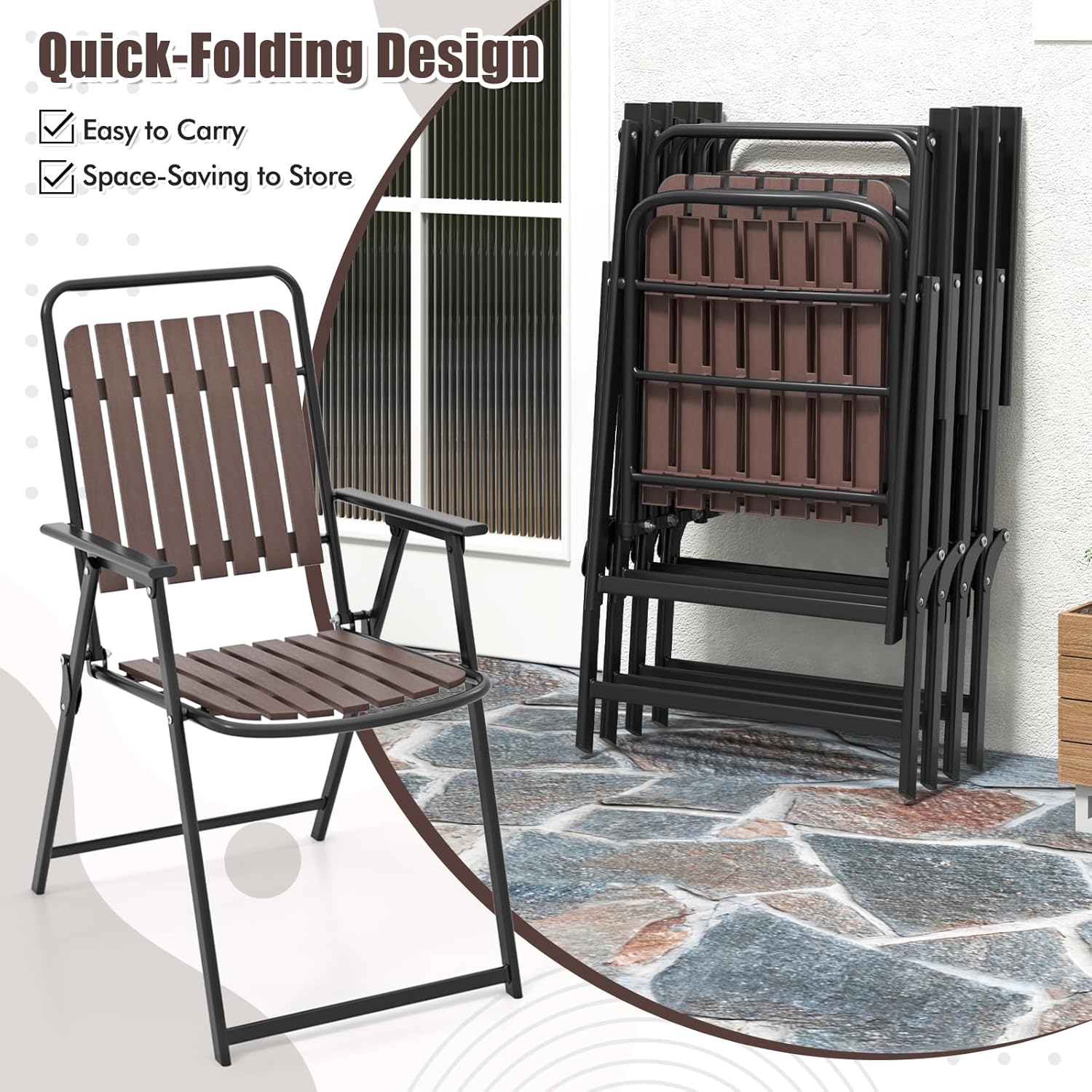 Tangkula Folding Patio Dining Chairs Set of 4, Outdoor Dining Chairs with PP Seat & Back, 400 LBS Weight Capacity, Heavy-Duty Metal Frame, Space-Saving Slatted Chairs for Yard, Balcony, Porch