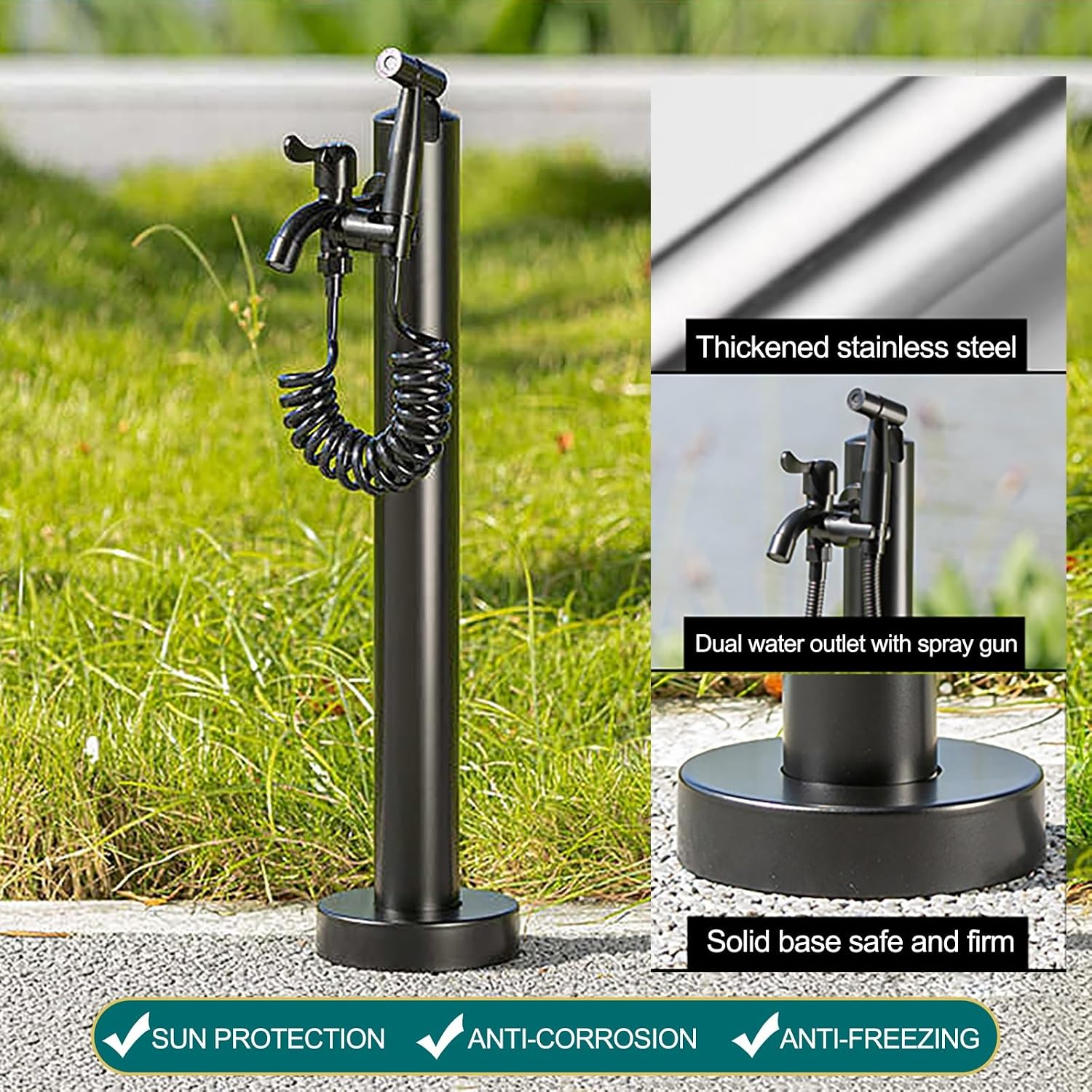 Stainless Steel Vertical Garden Water Column Anti-Frost Crack Outdoor Faucet Post Stand, with Faucet & Spray Gun for Courtyard Irrigation(60cm/23.6in)