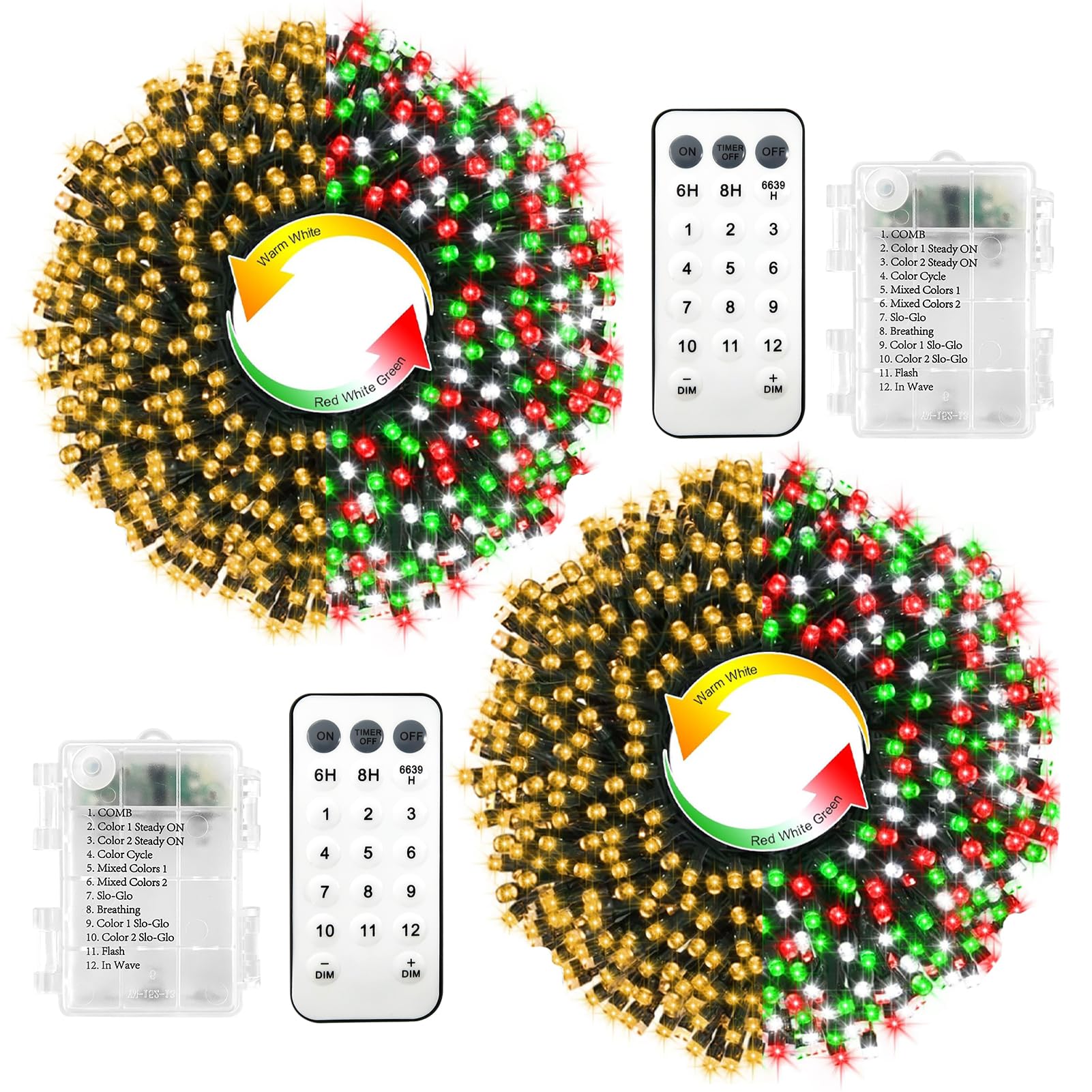 CCILAND 2 Pack Battery Powered Color Changing Christmas Lights, 10M 100 LED Warm White & Red White Green Christmas Tree Lights, 8 Modes String Lights with Remote for Xmas Tree Holiday Decor โ image 1