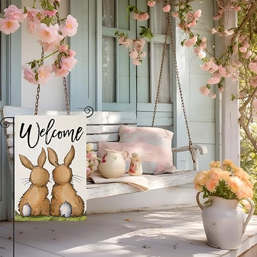 Miniatura 3 de EKOREST Banderas de jardín de Pascua de bienvenida para exteriores de 12 x 18 pulgadas, de doble cara, decoración de acuarela de conejos pequeños,