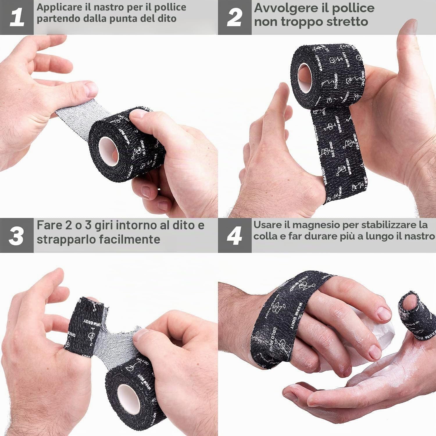 WARM BODY COLD MIND Nastro per Pollice da Sollevamento Pesi - Hook Grip Tape per Powerlifting, Cross Training, Nastro da Palestra, Allenamento, Nastro Sportivo per Dita(Nero 12 Rotoli)