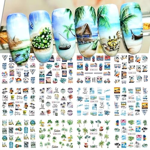 Vezocim Calcomanías de arte de uñas, diseños holográficos de transferencia de agua para uñas de verano, calcomanías de frutas de coco de playa,