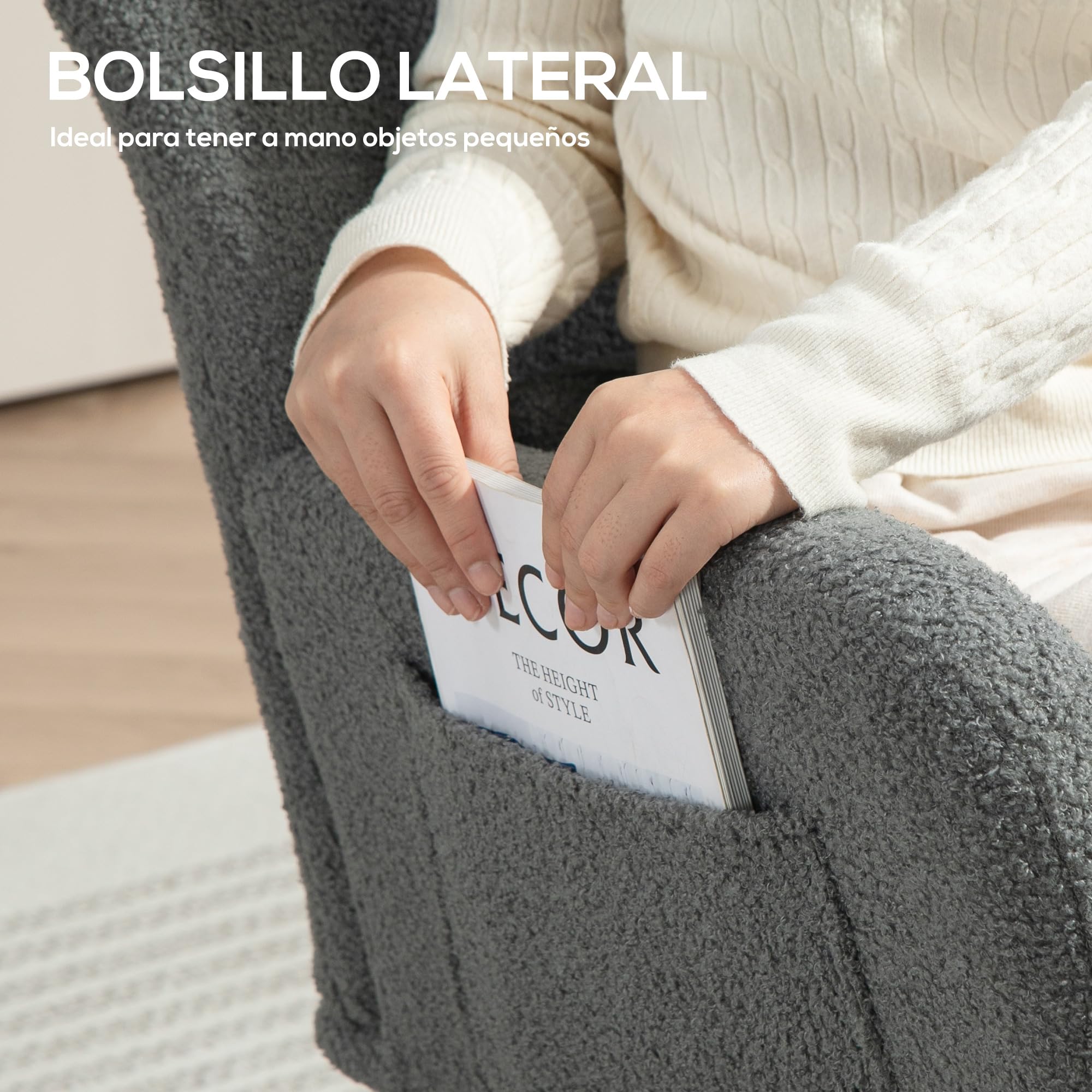 HOMCOM Silla Mecedora Moderna, Mecedora Tapizada en Terciopelo de Teddy, Sillón de Lactancia con Respaldo Acolchado Alto, Almohada, Patas de Madera, Bolsillo Lateral, para Dormitorio, Salón, Gris