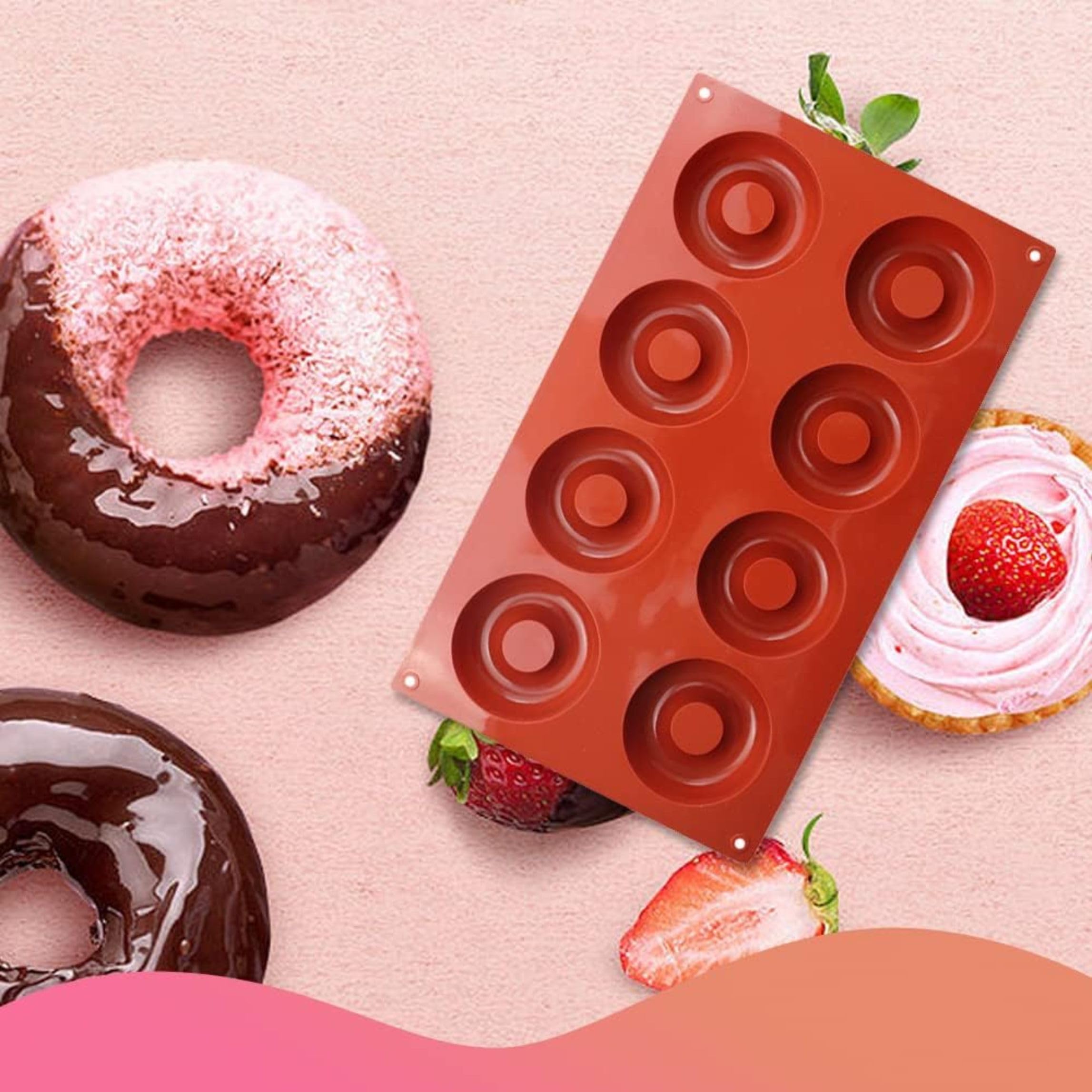 Bake House Donut Mold Silicone for Baking Donut Pan Non-Stick Large Molds 8 Cavity Doughnut Baking Tray BPA Free and Dishwasher Safe, Non-Stick Silicone Baking Pan for Making Muffin Cakes, Tart, 4